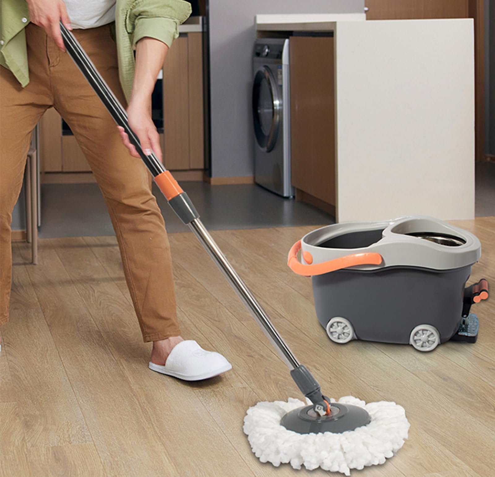 Mopa y cubo escurridor de pedales, fregona giratoria de 360° con mango telescópico, escurridor y escoba de acero inoxidable para una limpieza eficiente y fácil uso