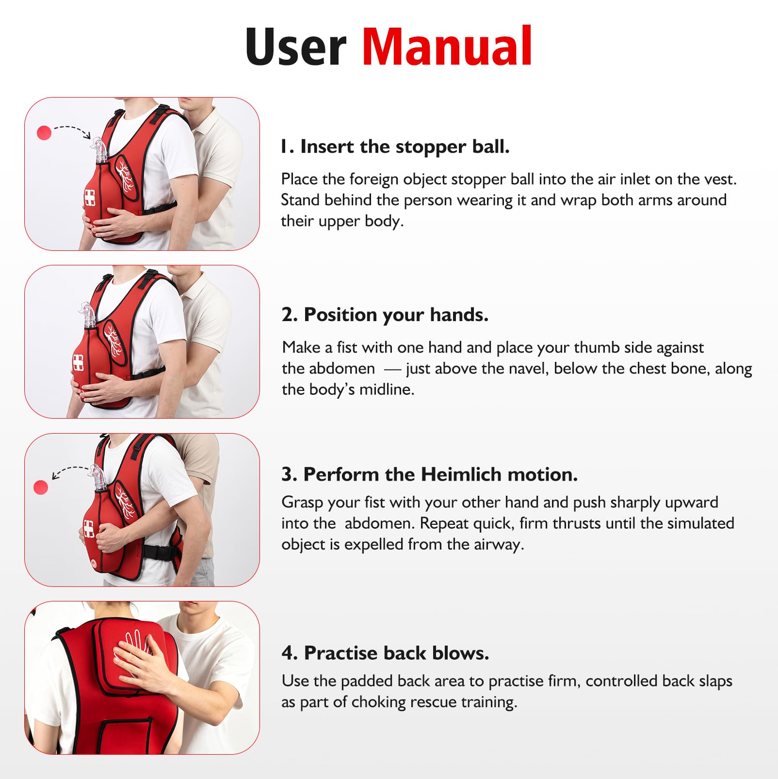 Heimlich - Chaleco de entrenamiento de maniobra para adultos, RCP, simulación de obstrucción de las vías respiratorias, correas de hombro ajustables y cinturón de cintura, entrenador de rescate de