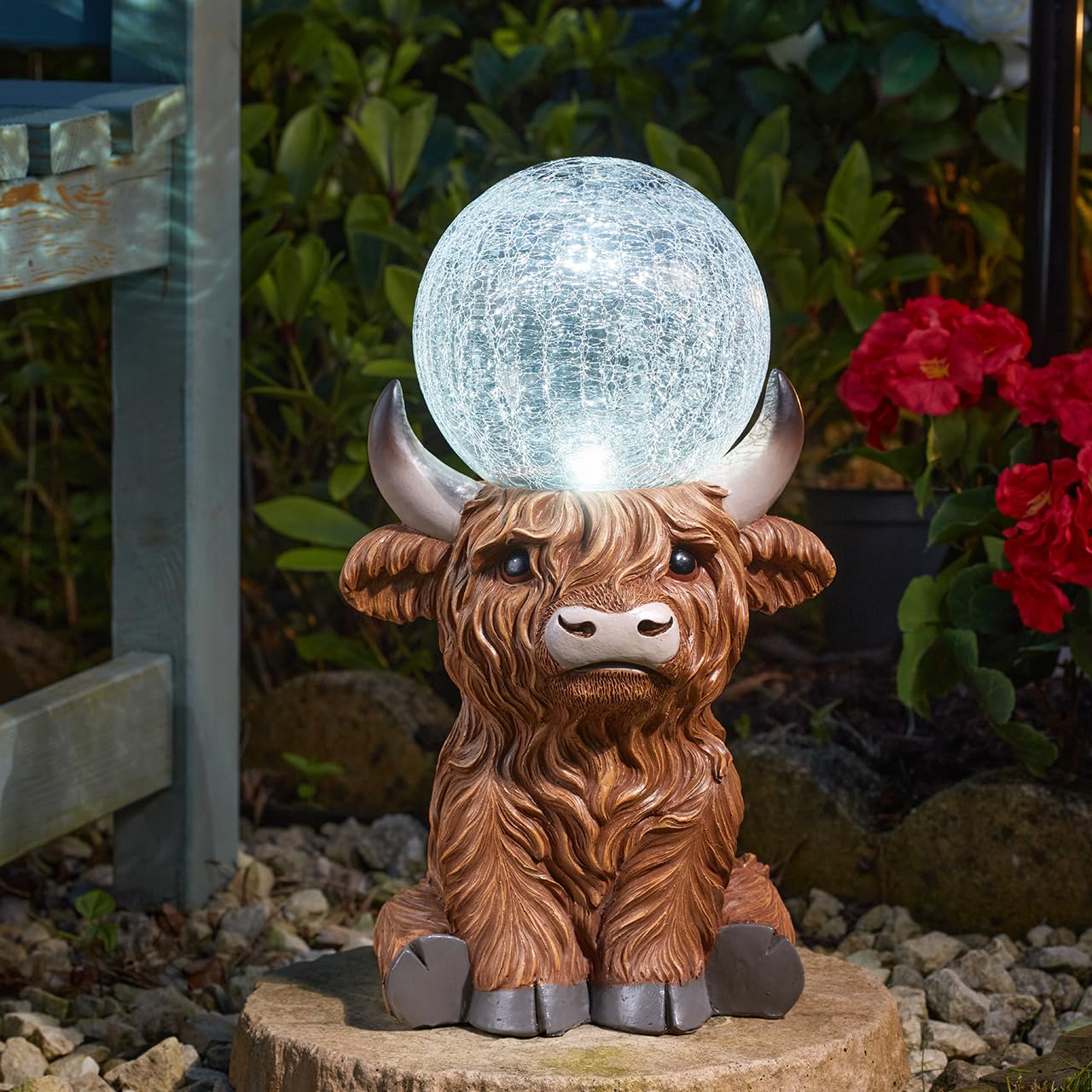 Mysmartbuy.com Brown Solar Powered Led Highland Cow Garden Ornament – Weather Resistant Hand-Painted Resin Sculpture Outdoor Decoration With Light Up Crackle Glass Globe Orb Ball – Measures H36 X W21 X D19cm