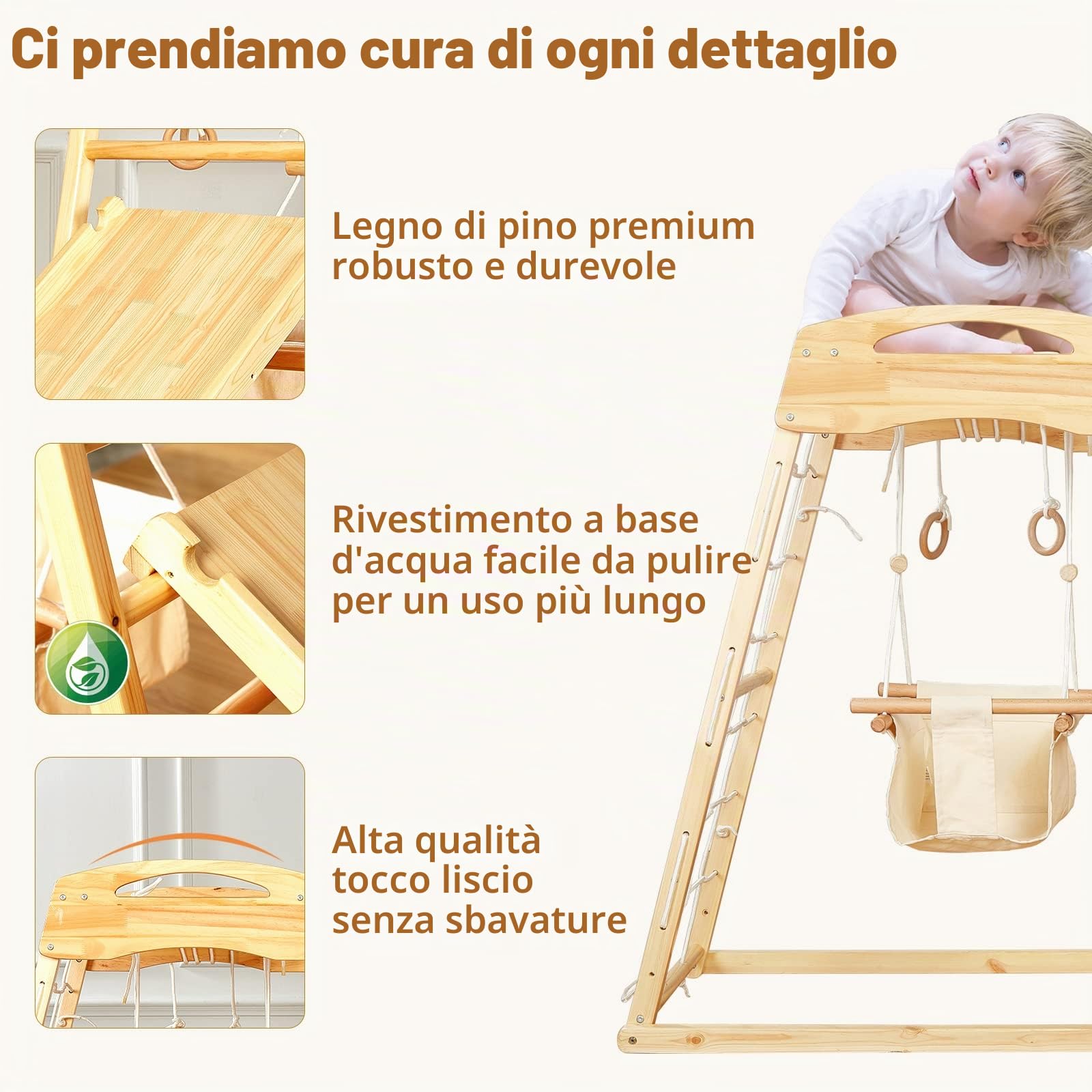 FUNLIO Parco Giochi in Legno 7 in 1 per Bambini 2-5 Anni, Giocattoli Montessori da Arrampicata con Pino Massello, Altalena/Scivolo/Roccia da Arrampicata/Rete/Scala/Trapezio/Anelli Ginnici