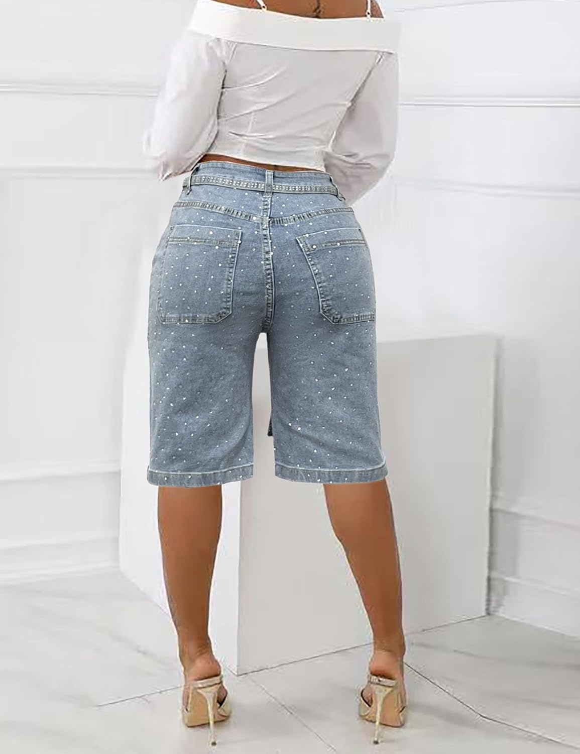 Men's Rhinestone Denim Shorts Bermuda Jorts Summer Baggy Jeans Y2k Oversized Vintage Loose Fit Knee Length Shorts - Image 3