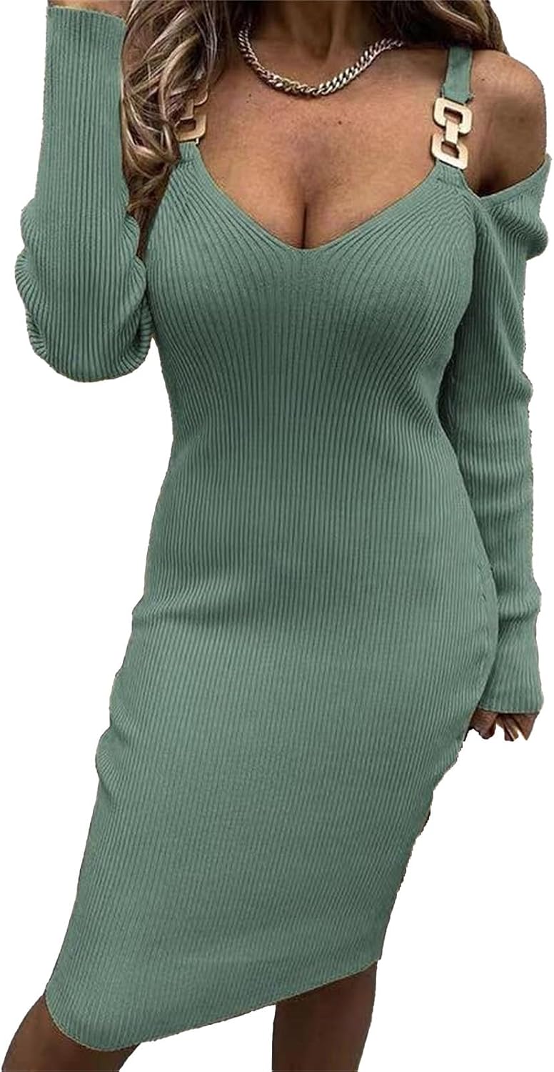 Women's Long Sleeve Wrap V Neck Dress Pullover Bodycon Sweater Dress Lightweight Ribbed Knit Slim Fit Knit Midi Dress
