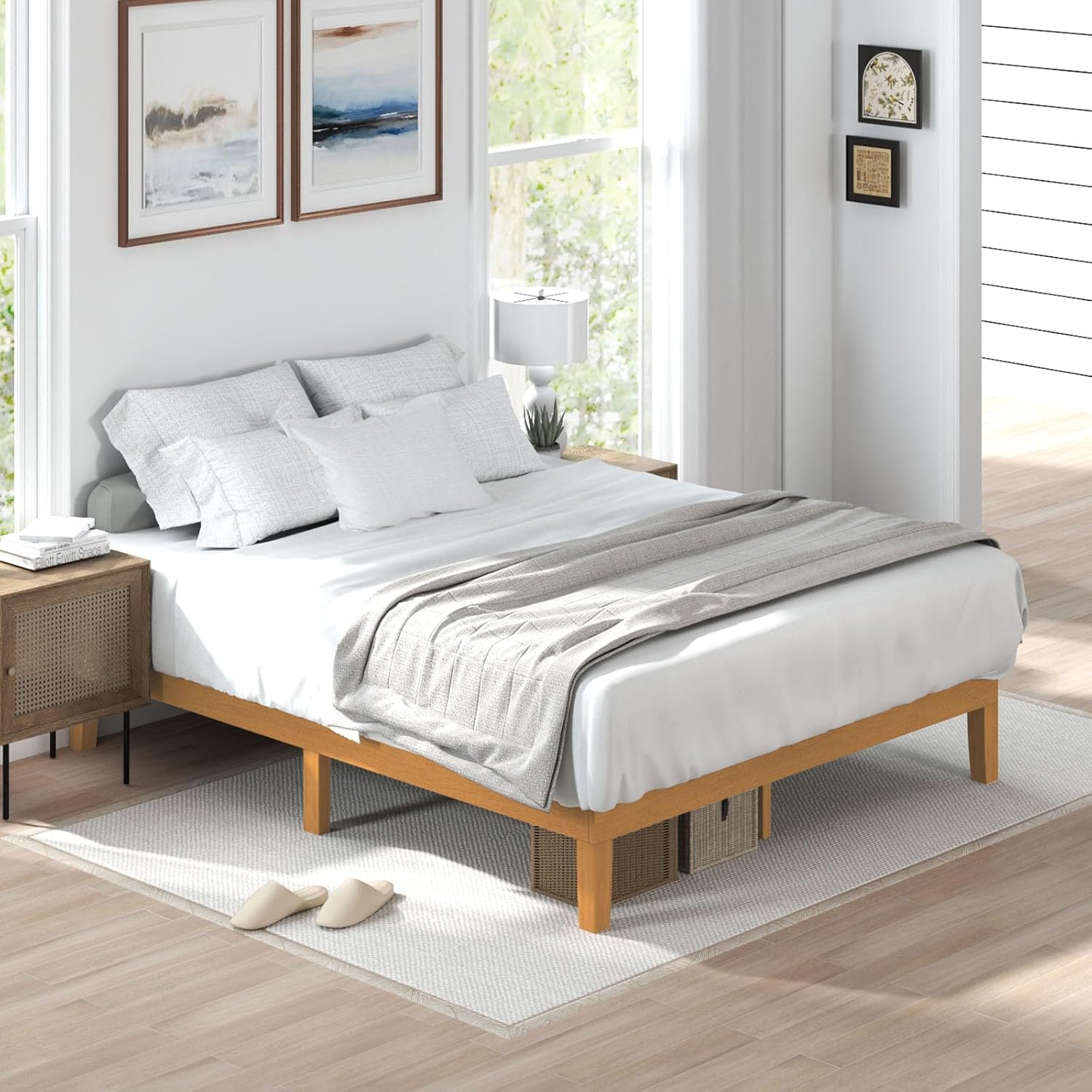 Sweetcrispy Solid Wood Bed Frame, Queen Size Bed Base with Wood Slat Support, Sturdy, Stylish & Noise-Free Design, No Box Spring Needed, Easy Assembly, 12 in Natural Pine