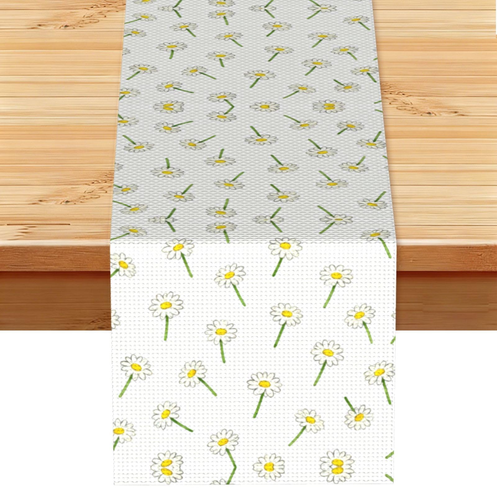 Daisy Seamless Repeat Linen Look Table Runner 13x72-Wrinkle Resistant Farmhouse Style for Dining Table Decor