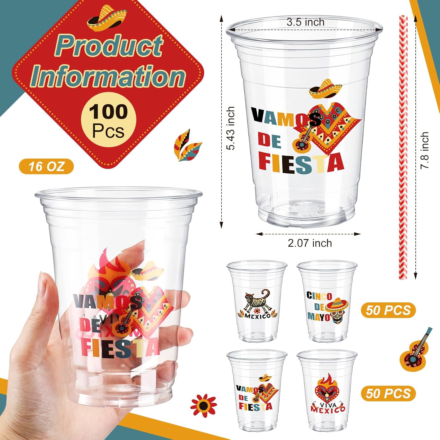 Tanlade 100 Pcs 16 oz Fiesta Plastic Cups Disposable Mexican Cinco De Mayo Cups with Straw Margarita Drinkware Taco Mexico Party Supplies