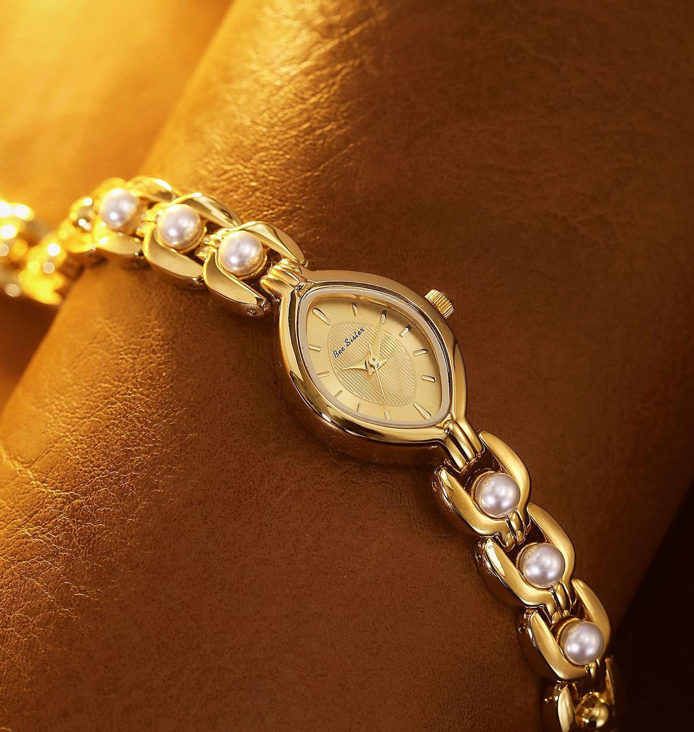ADSBIAOYE Elegante Perlenuhr für Damen, modisch, ovales Zifferblatt, analog, Quarzuhr, Damenperlenarmband, Wirstwatch