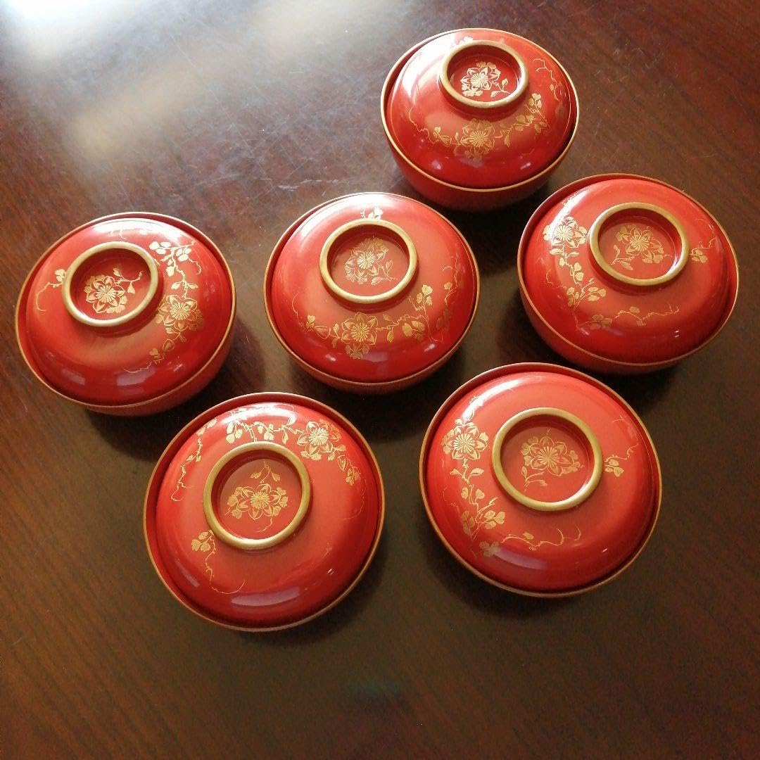木製本漆塗 朱塗蓋付椀 6客 12cm 大正期