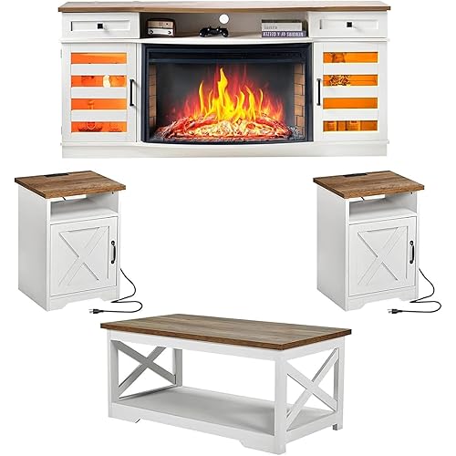 AMERLIFE Farmhouse Living Room Table Set of 4, Include 70" Fireplace TV Stand with 36" Curved Electric Fireplace, Coffee Table & 2 End Tables with Charging Station, White+Barnwood