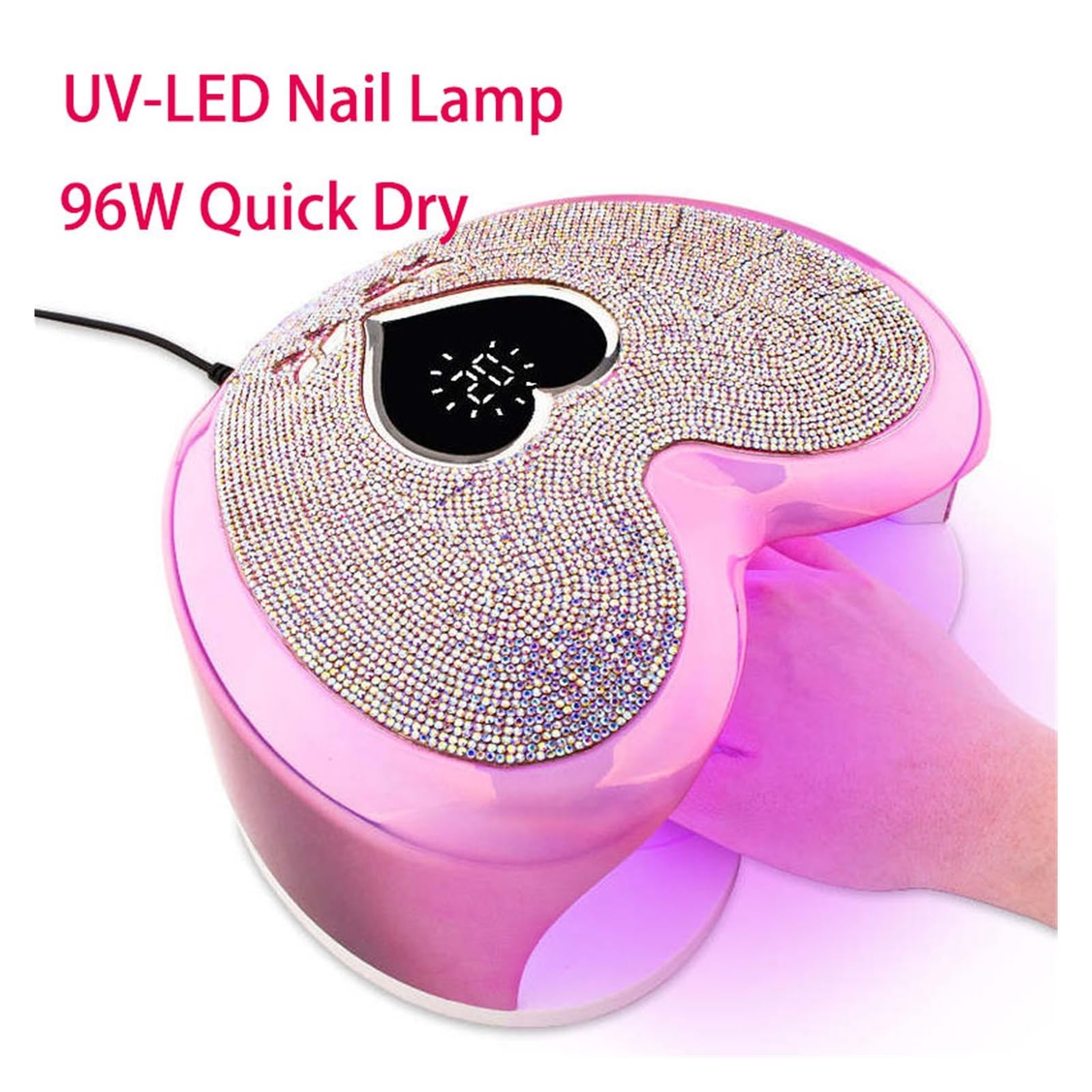 Lampa UV do paznokci, Lampa LED UV do paznokci 96 W UV-LED Profesjonalny kształt serca utwardzająca lakier żelowy Różowe światło słoneczne Suszarka Maszyna manicure Z kryształem górskim(Pink)