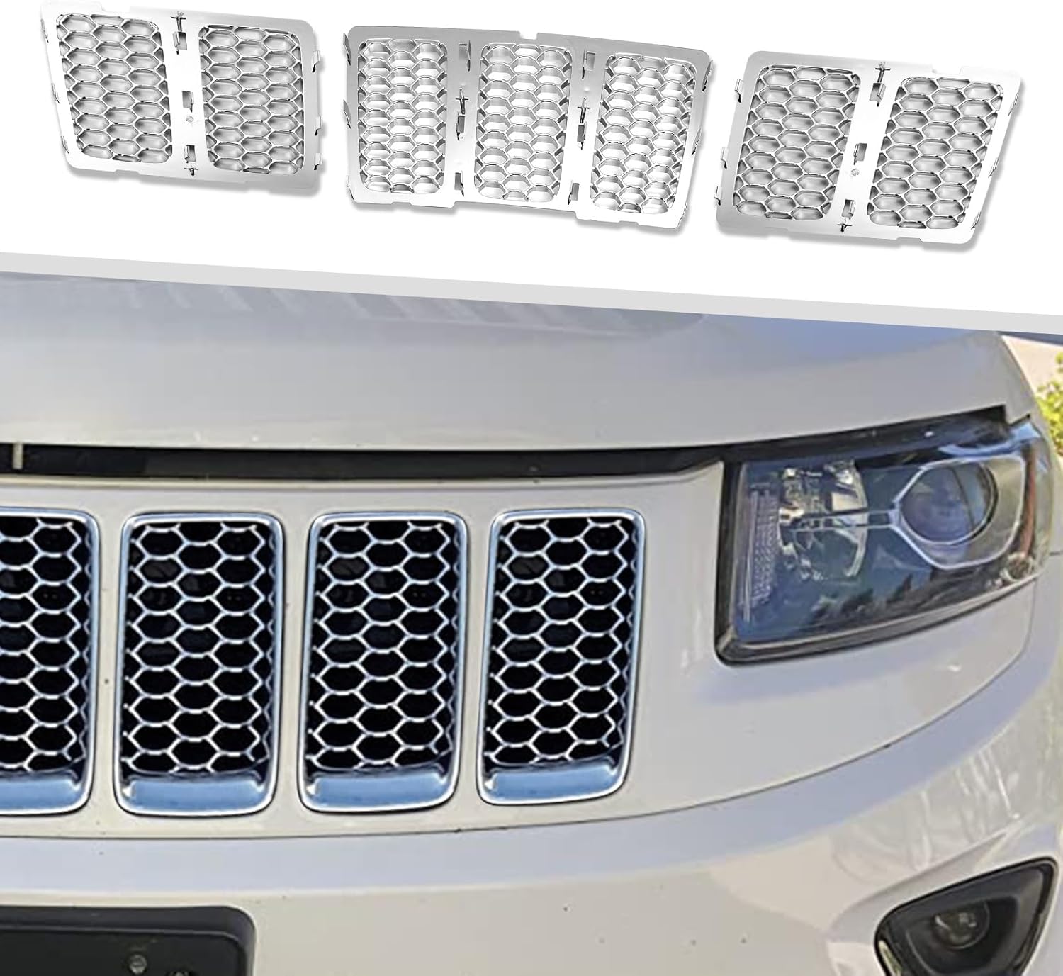 3PCS Honeycomb Grill Inserts Compatible with Jeep Grand Cherokee 2014-2016 (Chrome)