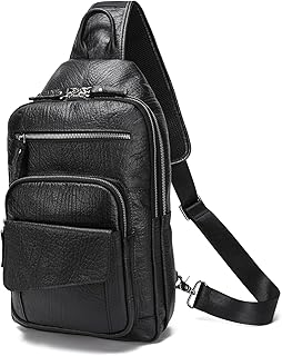 LANNSYNE Full Grain Leather Casual Sling Bag For Men Hiking/Travel/Business Crossbody Chest Bag Fits 12.9" iPad