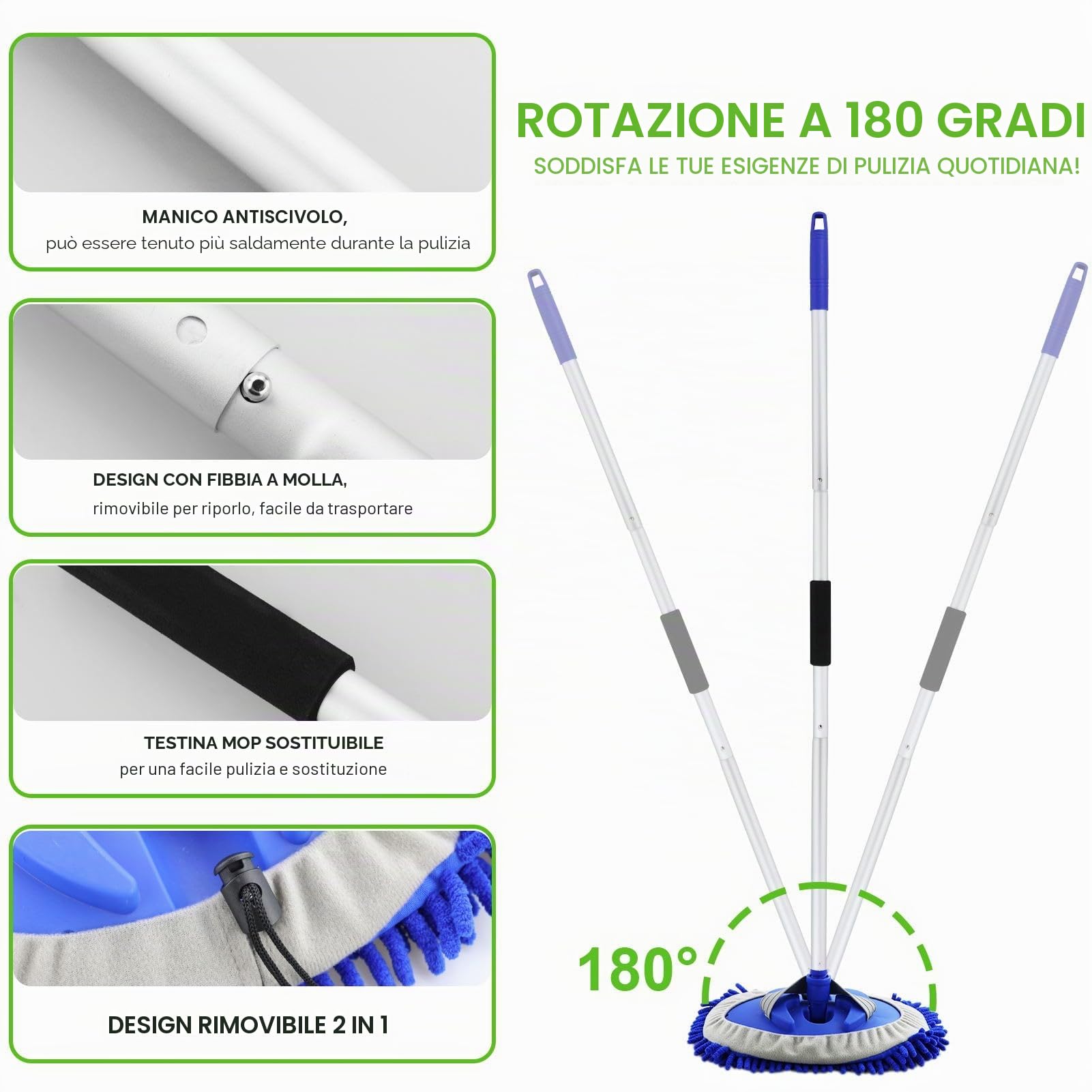 160 cm Spazzola di Pulizia per Lavaggio Auto con Manico Lungo,2 in 1 Spazzola Lavaggio Auto in Microfibra,per Campeggio, Auto, Sostituzione mop(3 Teste Ricambio)