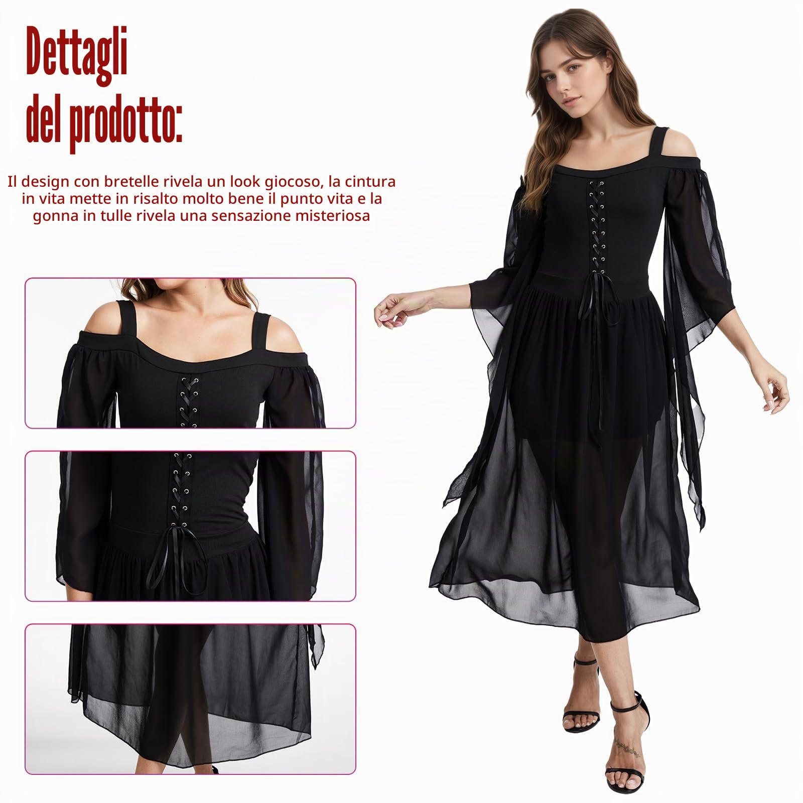 Costume medievale da donna, abito gotico da donna, con maniche a tromba, corsetto rinascimentale costume per abito nero, Halloween