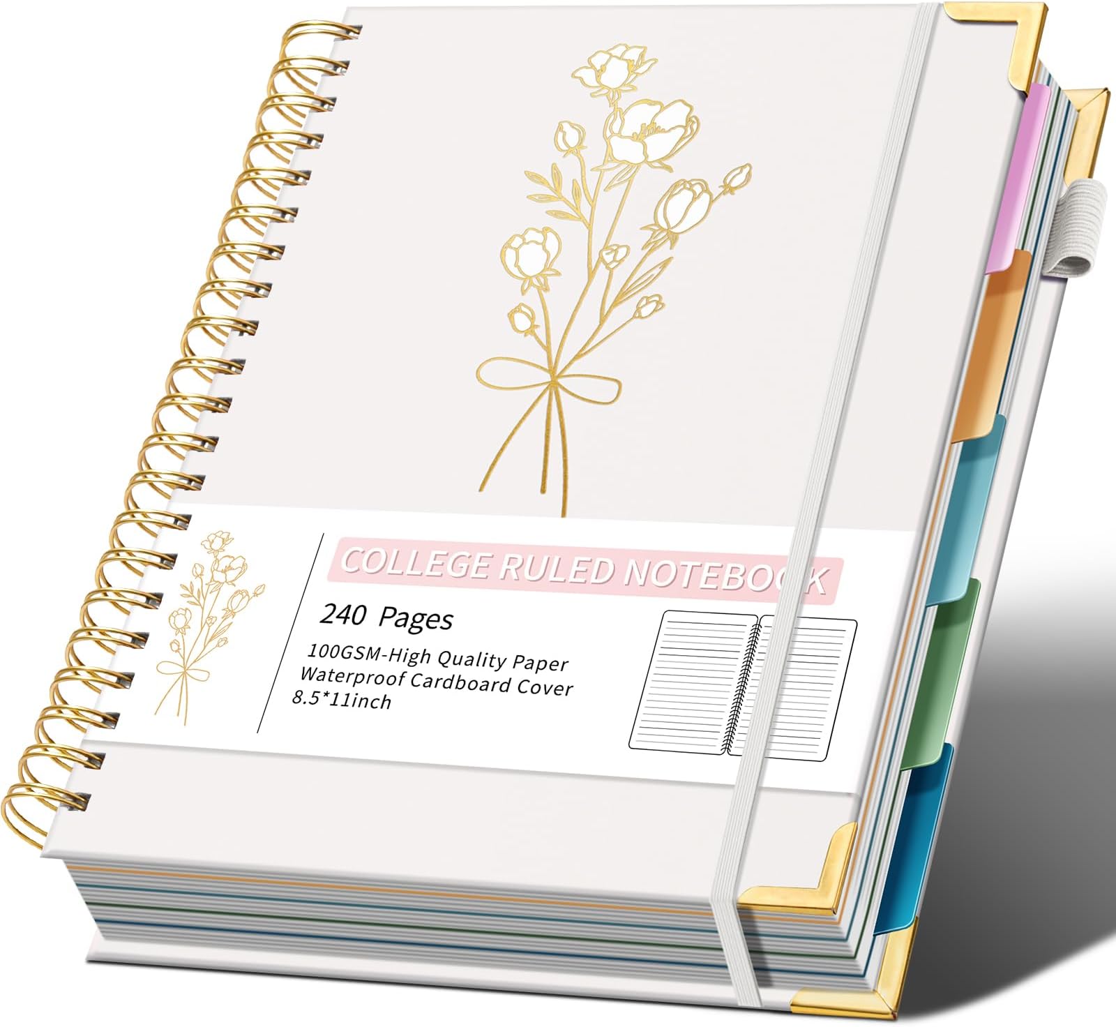 Hardcover Spiral Notebooks 8.5" X 11" Note Taking 5 Subject Notebook College Ruled with Dividers 240 Pages 100GSM Aesthetic Spiral Notebook for Work School Cute Journals for Women Writing, White