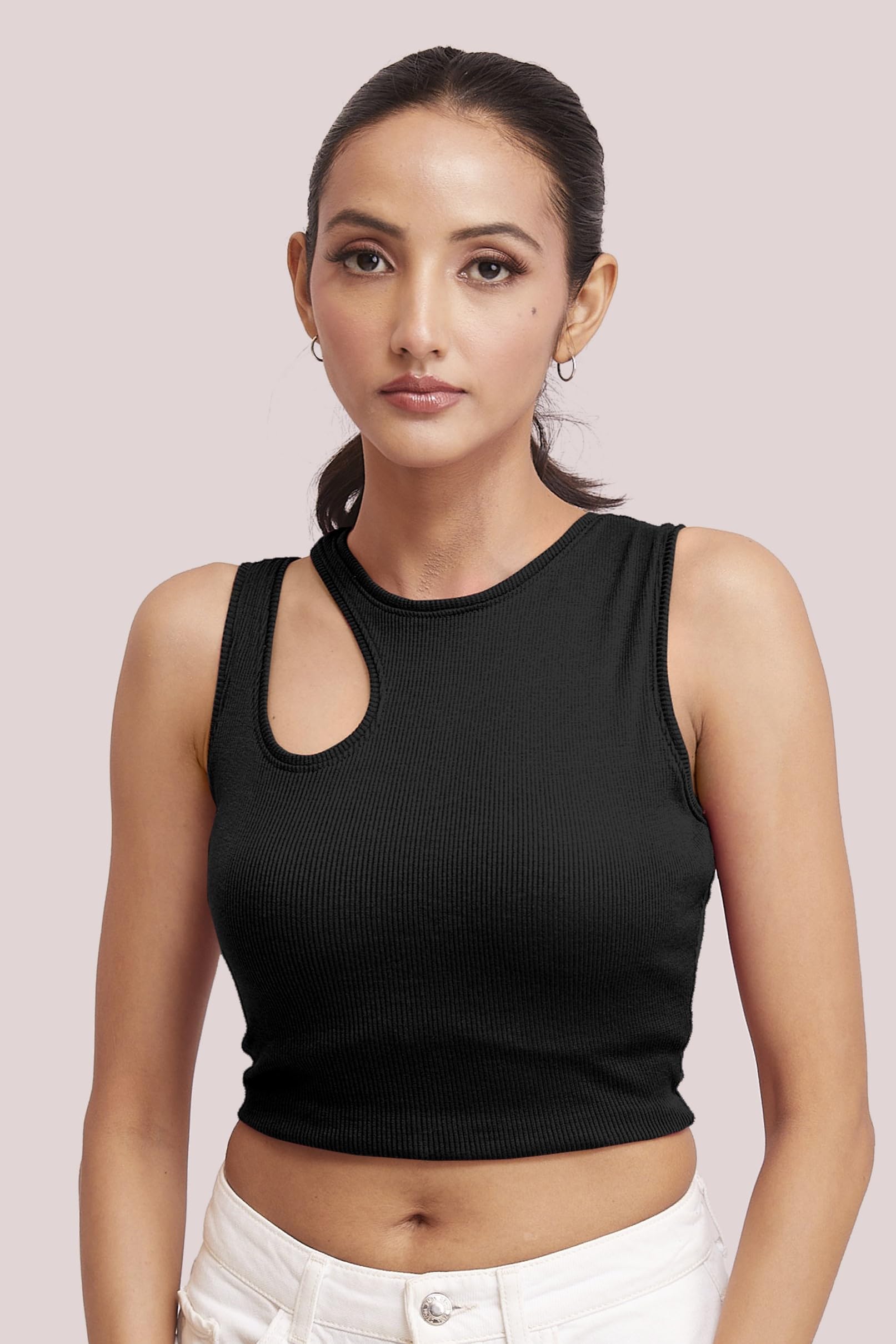 BERRY BIRD® Stylish Sleeveless Round Neck Slim Fit Cut Out Sholder Ribbed Knit Tank Crop Tops for Women & Girls Casual Beach and Gym Wear and Western Trendy Fashion Black 1