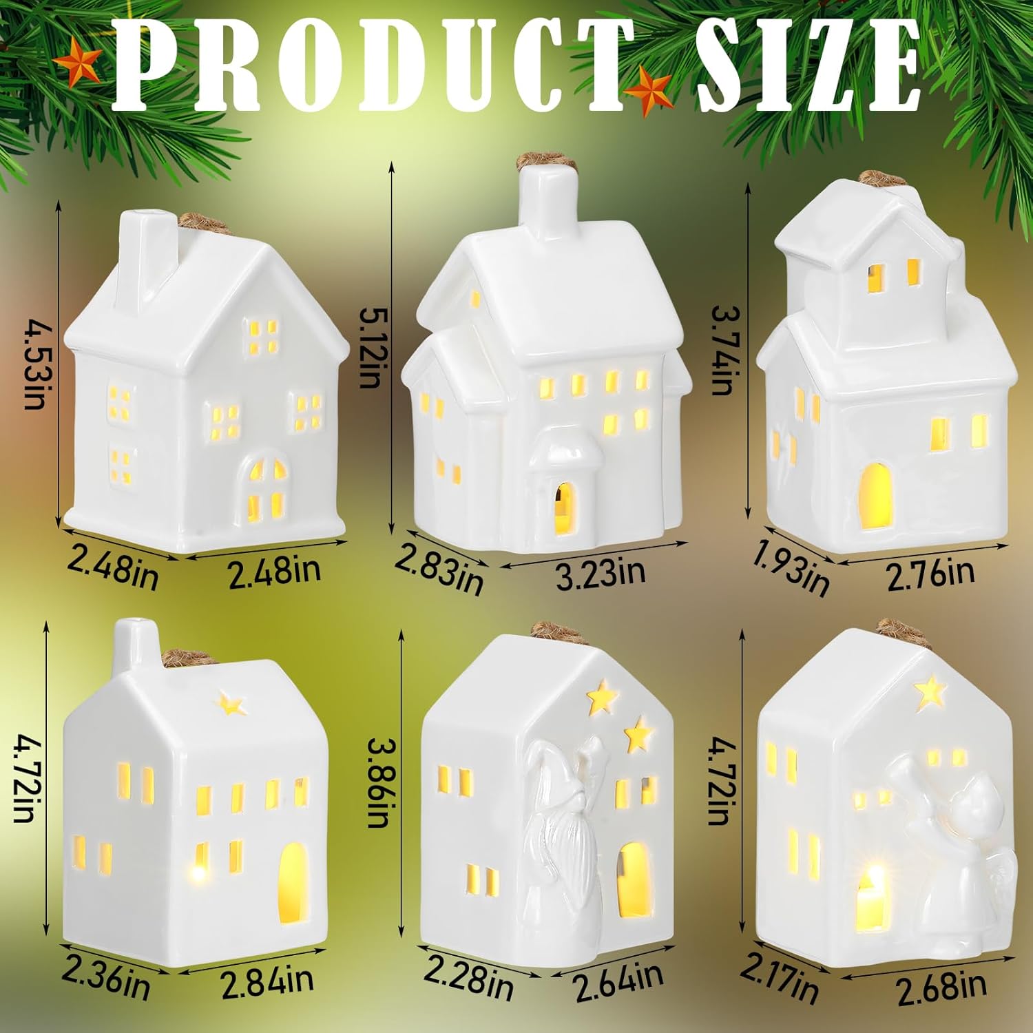 Soaoo 6 Pcs Ceramic White Village House Ornaments for Christmas Tree White Winter Snowy Village Hanging Decorations Lighted Small Porcelain House with Ropes for Christmas Xmas Tree Party Holiday Decor