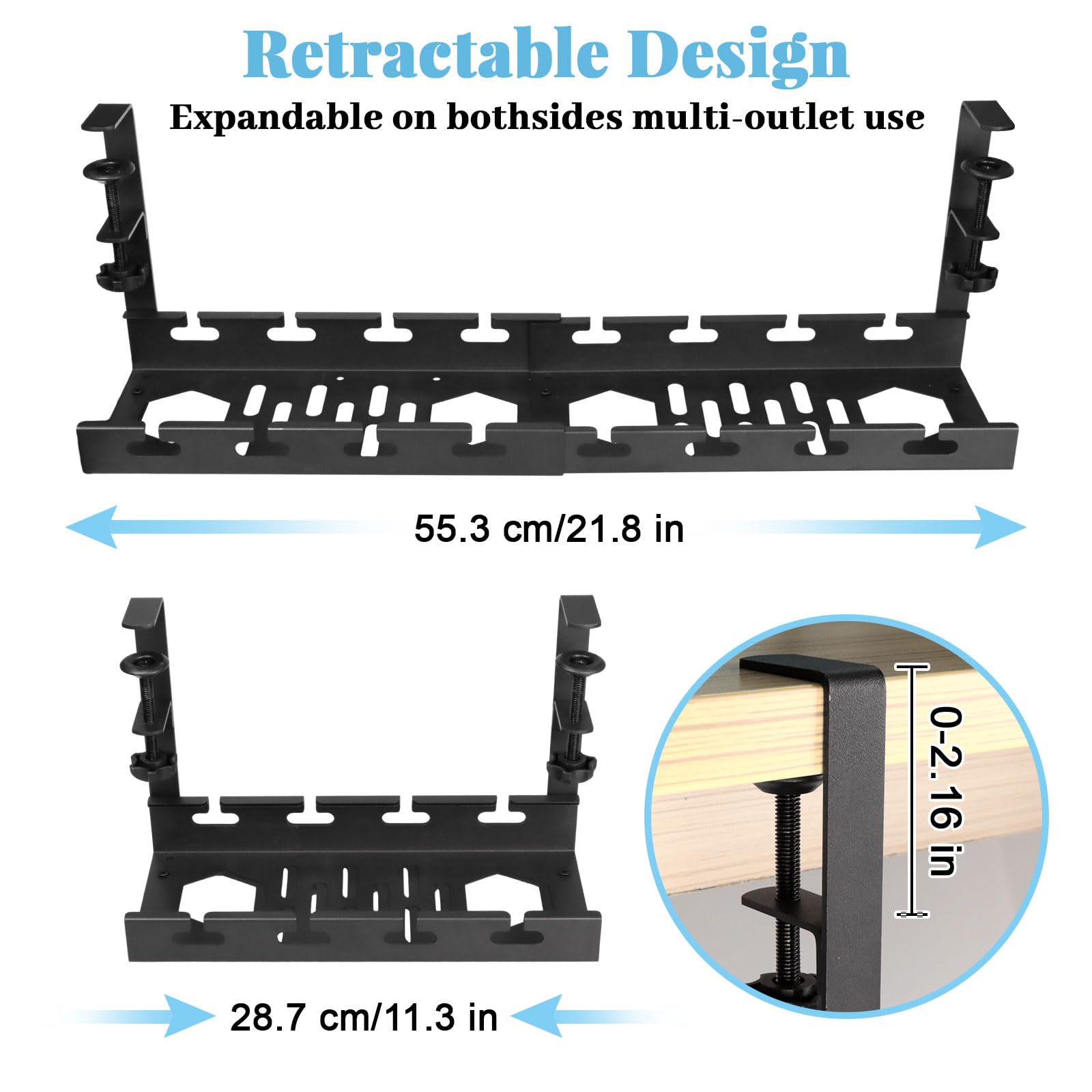 Cable Management, Plateau de Gestion des Câbles sous Bureau sans Perçage, Rétractable 28,7cm-55cm, Organisateur de Câbles et Multiprises pour Bureau à Domicile, Noir
