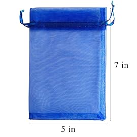 Pimuza Pack of 100 5x7 inch Gift Wrap Bags Royal Blue, Organza Sheer Fabric Sturdy Material, Drawstring Organizer for Baby Shower Favor, Celebration, Church, Rose Petals, Cosmetic, Ring, Earring,Watch