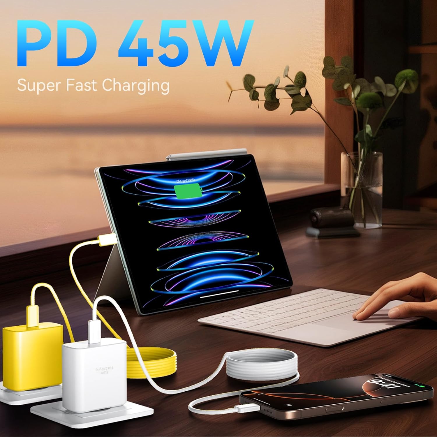 Phone 17 16 Pro Max Charger Fast Charging, 45W Super Fast USB C Charger Block with 10FT Extra Long Fast Charging Cable for 17 16 Pro Max/17 16/16 Plus,15 Pro Max/15 Pro/15, Android Phone-White+Yellow