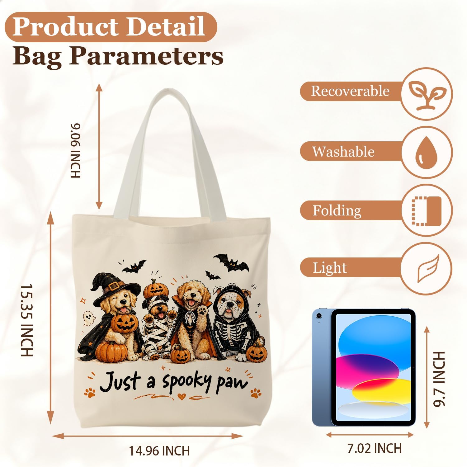Halloween Theme Canvas Tote Bag for Women,15 x 15.4 Inch image 4