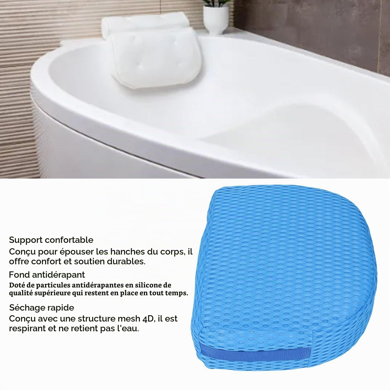 Coussin de Siège de Bain avec Base Antidérapante, Rehausseur 3D 4D de 5 Pouces, Respirant, Lavable, Séchage Rapide