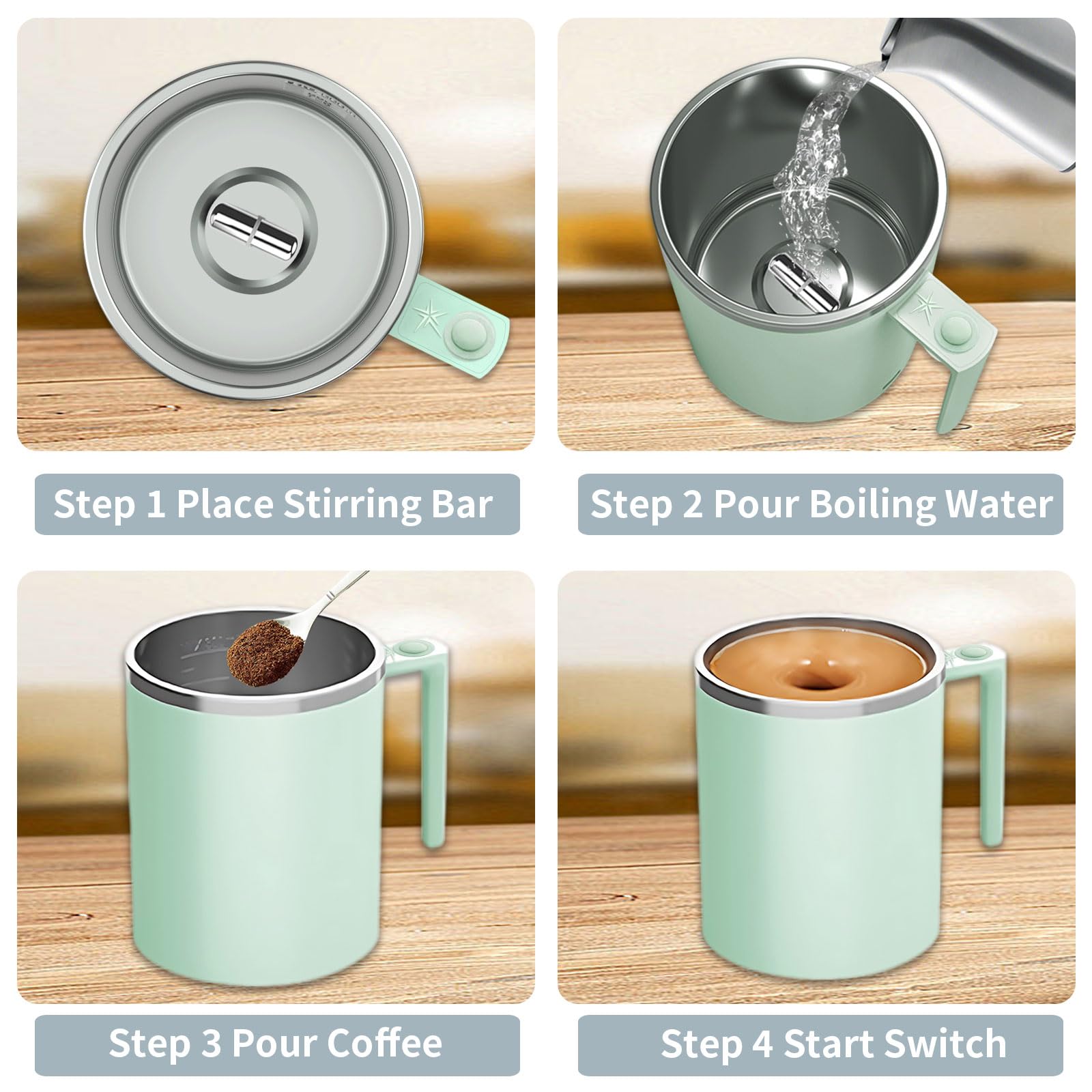 Auto Magnetic Mug, Taza Auto de Agitación Eléctrico Mezclando Taza Reutilizable Batidora Taza for Café/Leche/Té/Chocolate Caliente (D-Verde)