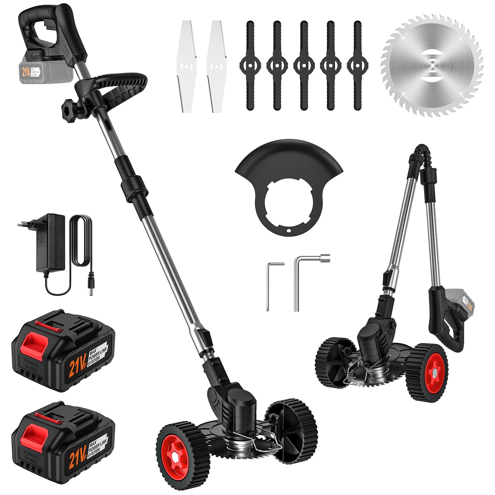 Desbrozadora Bateria 21V, Desbrozadora Electrica con 2 x 3.0Ah Baterías y 3 Cuchillas, Ruedas Desmontables, Varilla Telescópica, Cortacésped de Batería Plegable para Recortar Césped y Arbustos