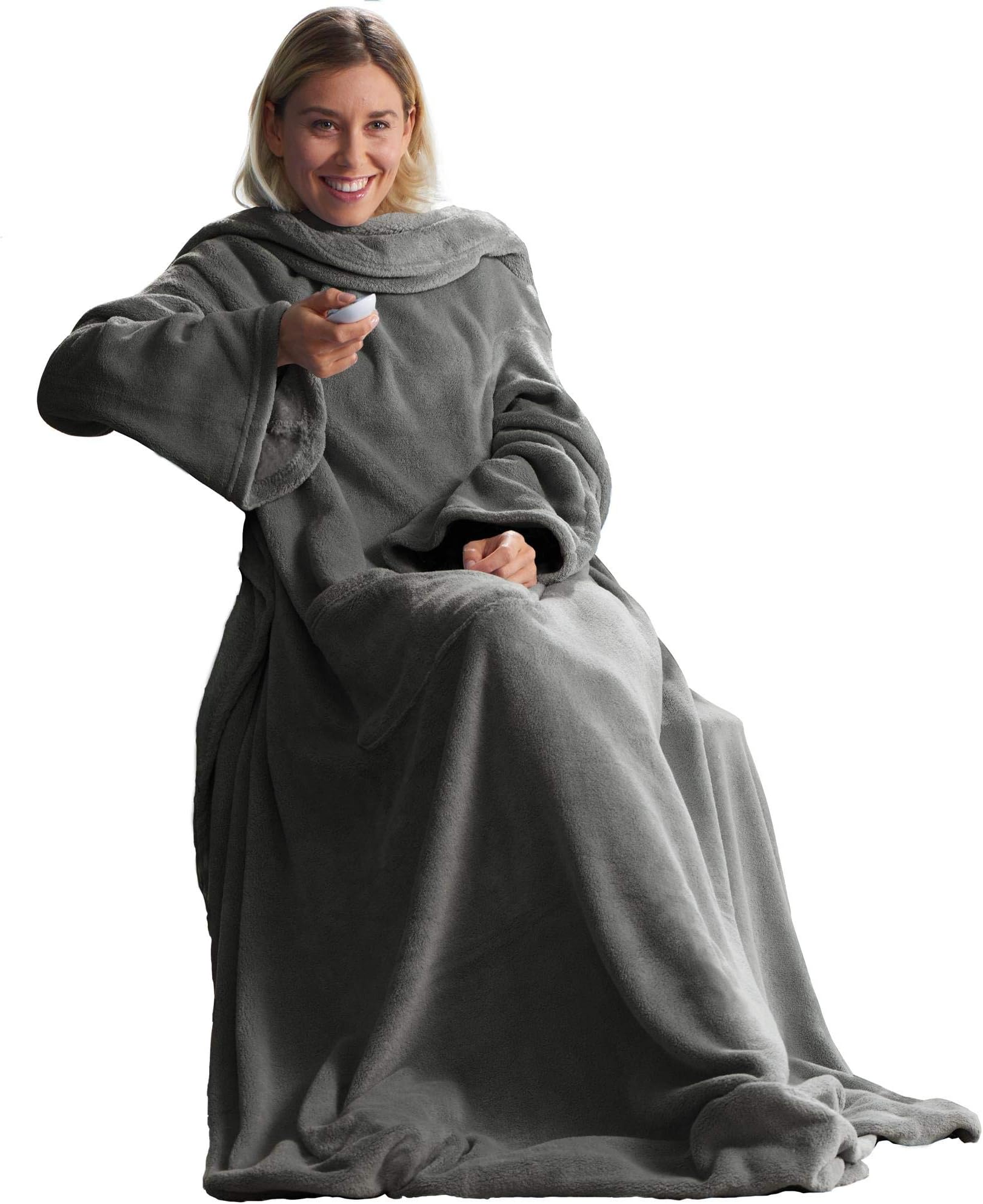 CelinaTex TV blanket cuddly blanket with sleeves pockets foot pocket microfibre Coral fleece blanket 170 x 200 cm grey