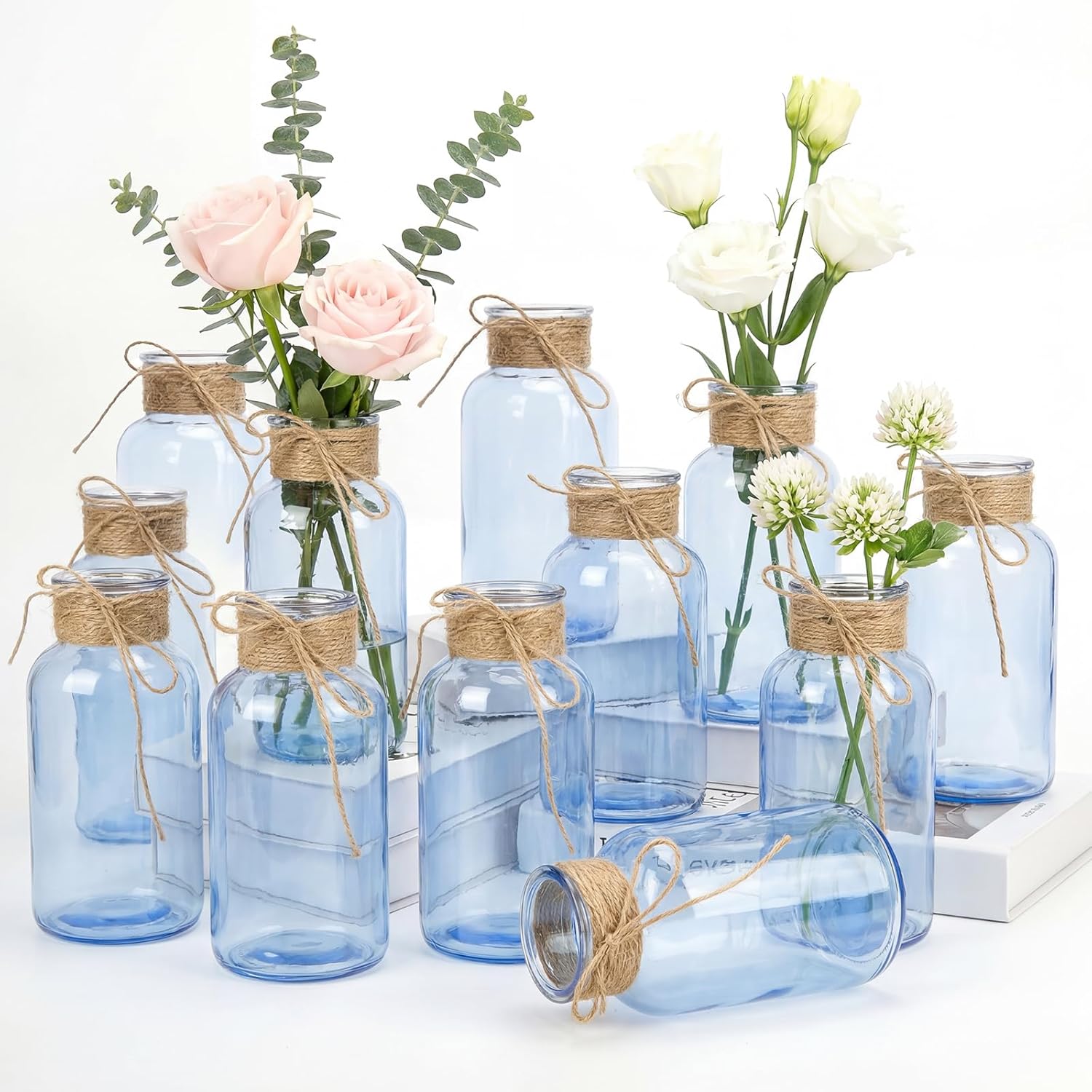 Mason Jars for Centerpiece, 12 Pack Vintage Farmhouse Glass Flower Vase Transparent White Vases Bulk for Weddings, Parties, Christmas & Home Decor