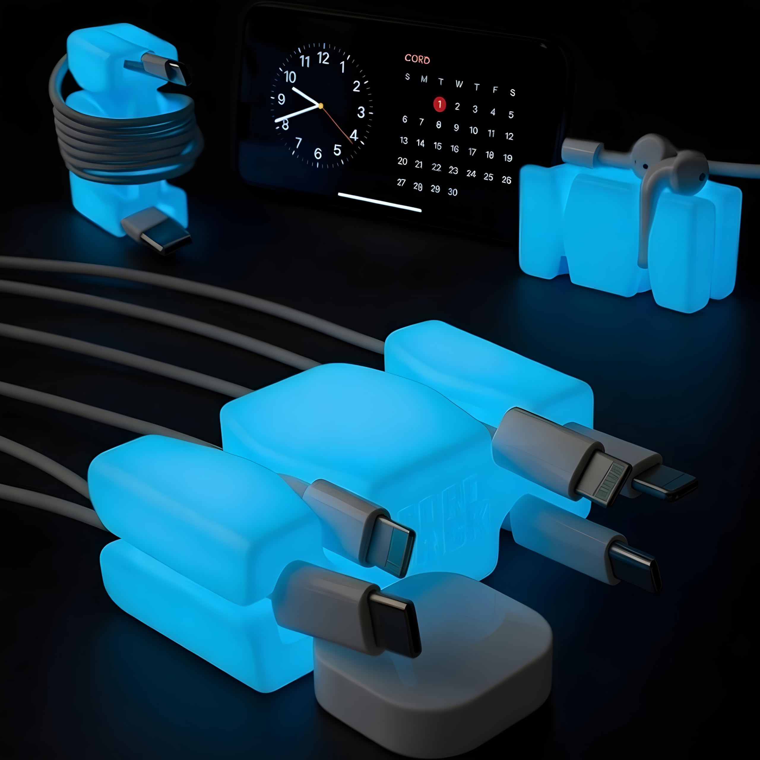 CordBrick 4PK Glowing Silicone + Steel Weighted Cable Holders for Nighstands, Cord Wraps for Travel, Unique iPhone Accessories. Small Graduation Gift for High Schoolers. Gadget for Teens. Blue Glow
