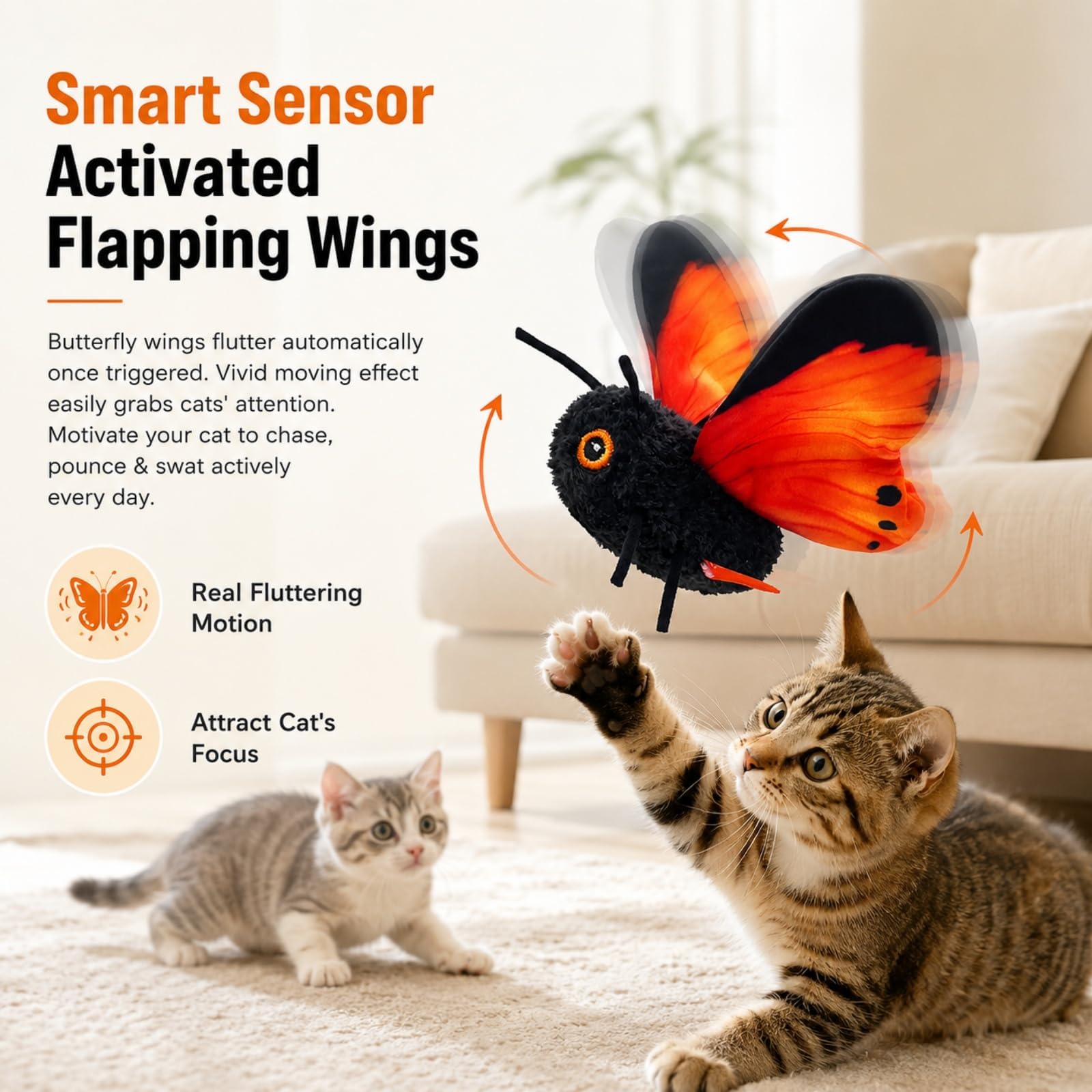 Smart Sensing Flattern-Katzenspielzeug, interaktives Schmetterling-Katzenspielzeug, wiederaufladbar, realistische Flügelbewegung, fördert das Stalken, sensorausgelöst, langlebiger Plüsch, gebaut für