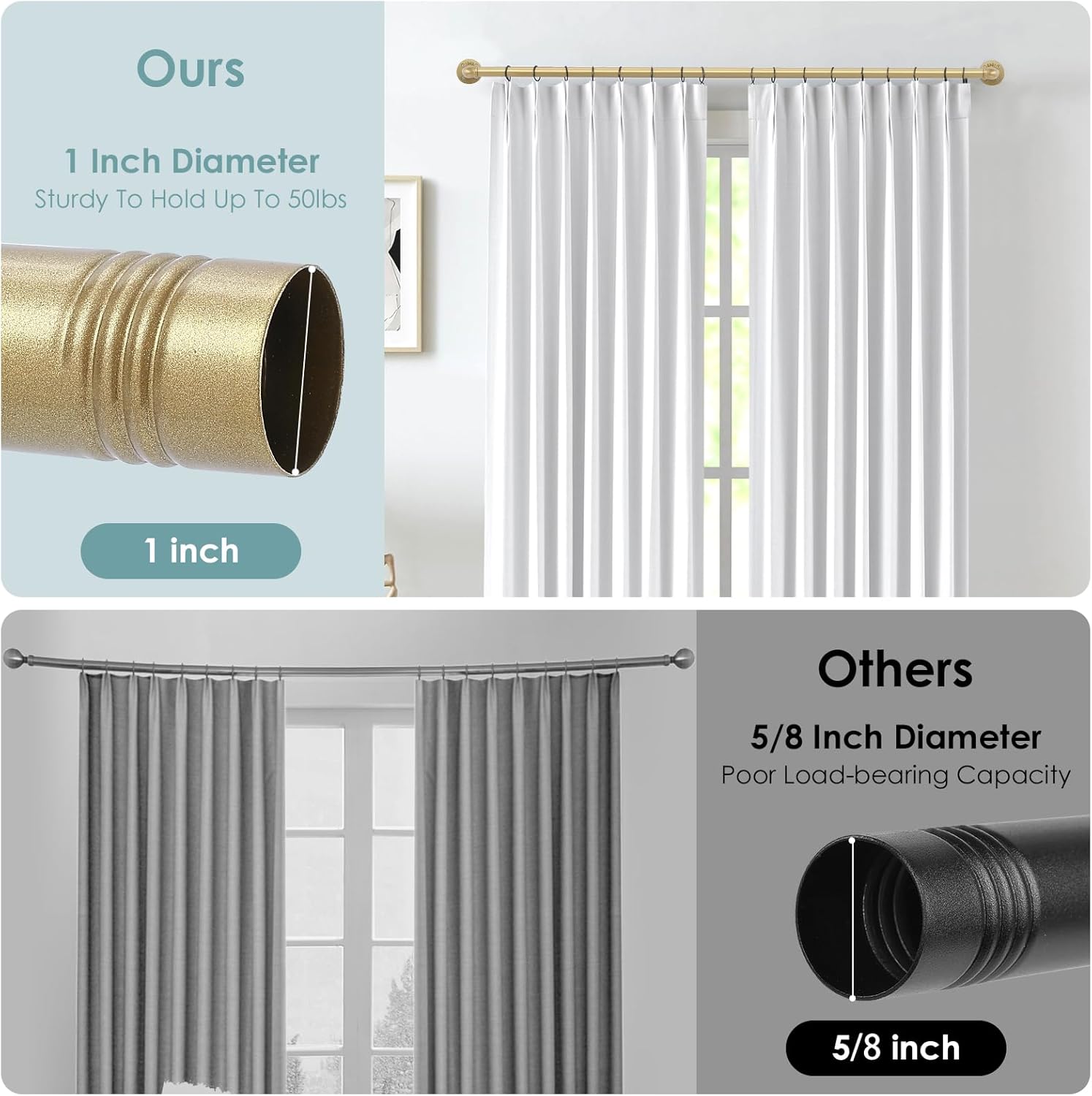 Industrial Curtain Rods - 144-168 Inches, Wrap Around Gold Design - Indoor/Outdoor Room Divider - Adjustable, 30-168 Inches