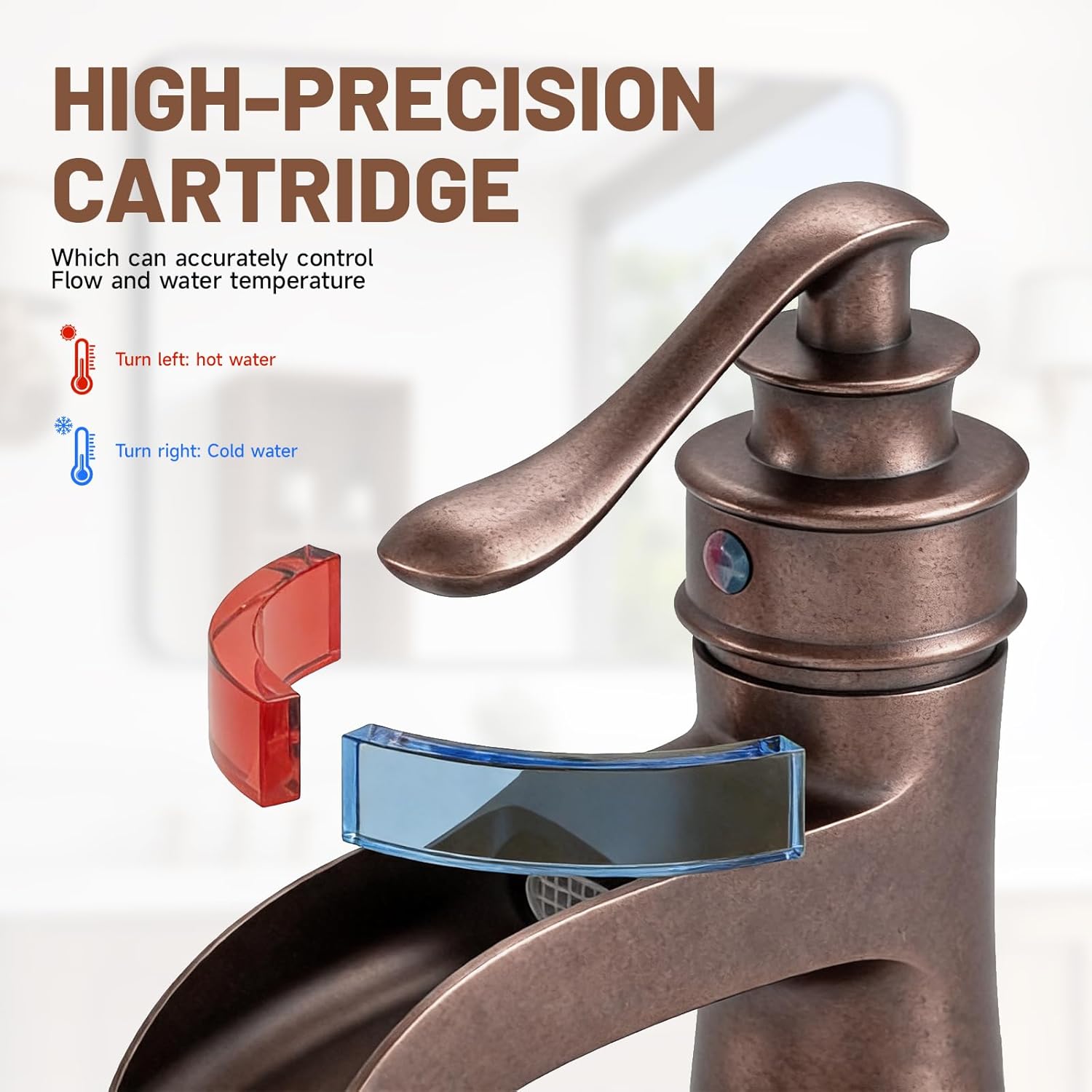 Bathroom Sink Faucet Waterfall Bath Faucets & Parts with Pop Up Drain Stopper Copper Farmhouse Antique Vanity Single Handle Single Hole Commercial Rustic Supply Lines Hose by Bathfinesse - Image 4