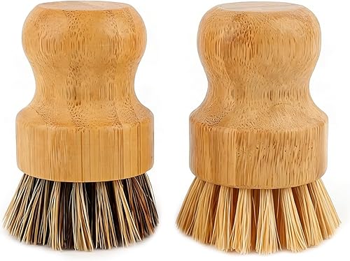 AUEAR, Cepillo de bambú natural para fregar platos, cepillos de limpieza para ollas, cerdas de coco para sartenes de hierro fundido (paquete de 2, 2