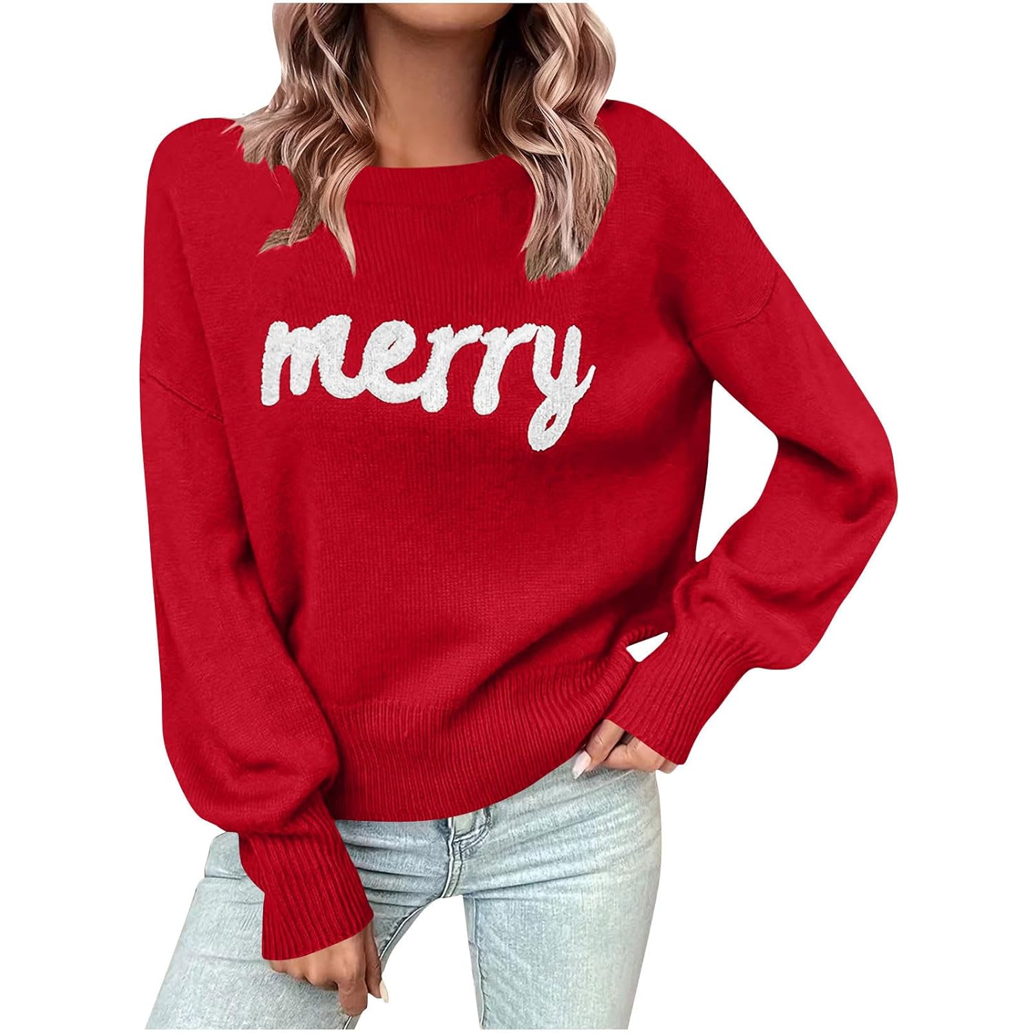 Womens Casual Christmas Knitted Pullover Sweater Soft Crewneck Long Sleeve Top for Comfortable Holiday Clothes