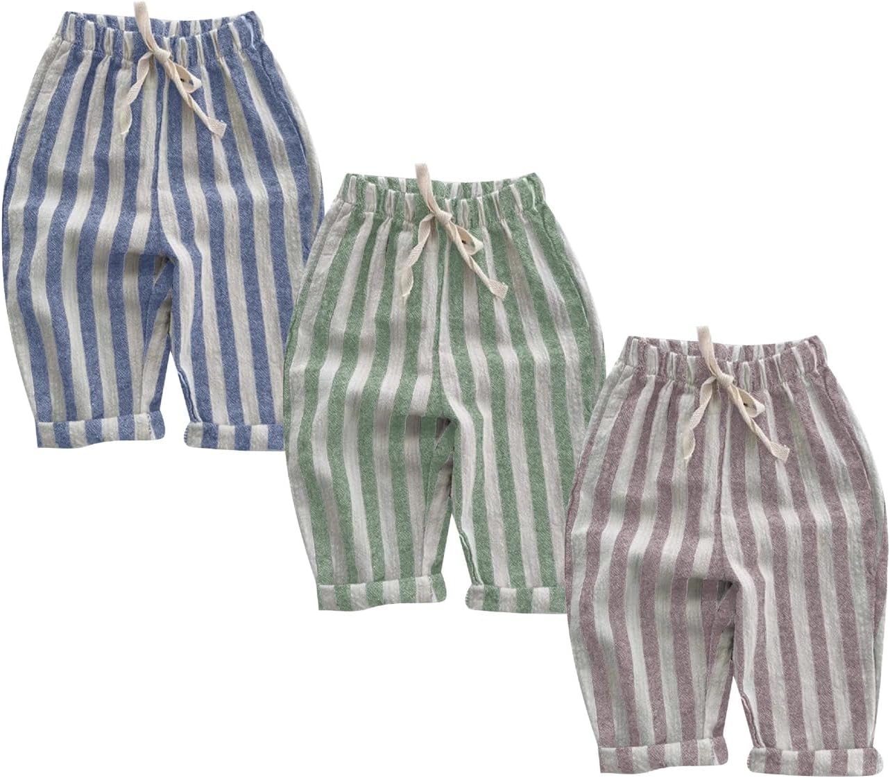 Baby Striped Pants Toddler Boys Girls Elastic Waisted Linen Harem Pants Cute Comfortable Loose Trousers 1/2/3 Pack