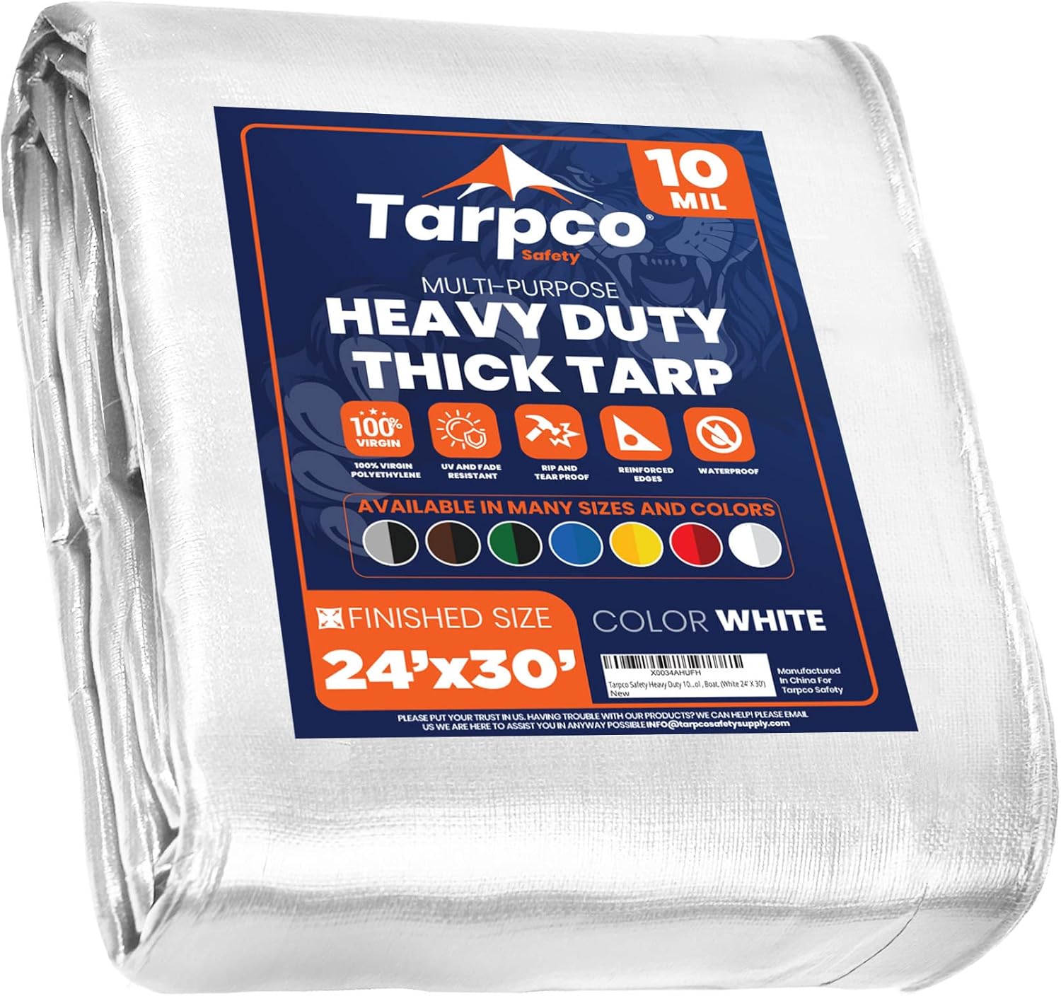 Tarpco Safety Heavy Duty 10 Mil Tarp Cover, Waterproof, UV Resistant, Rip and Tear Proof, Poly Tarpaulin with Reinforced Edges for Camping, Roof, Patio, Pool, Boat. (White 24 X 30)