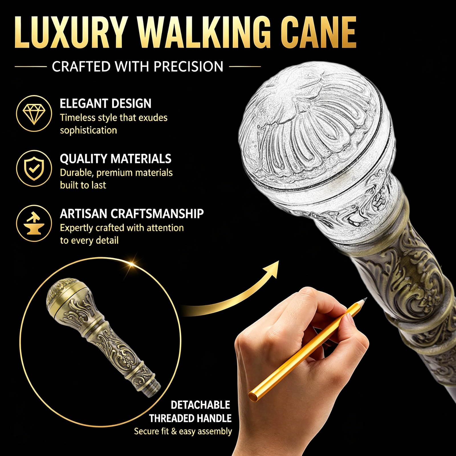 Bastón Antiguo para Caminar para Hombres y Mujeres, Equilibrio para Personas Mayores - Bastón de Viaje Plegable de 3 Piezas para Estabilidad, Movilidad y Soporte de Rodilla - 93 cm
