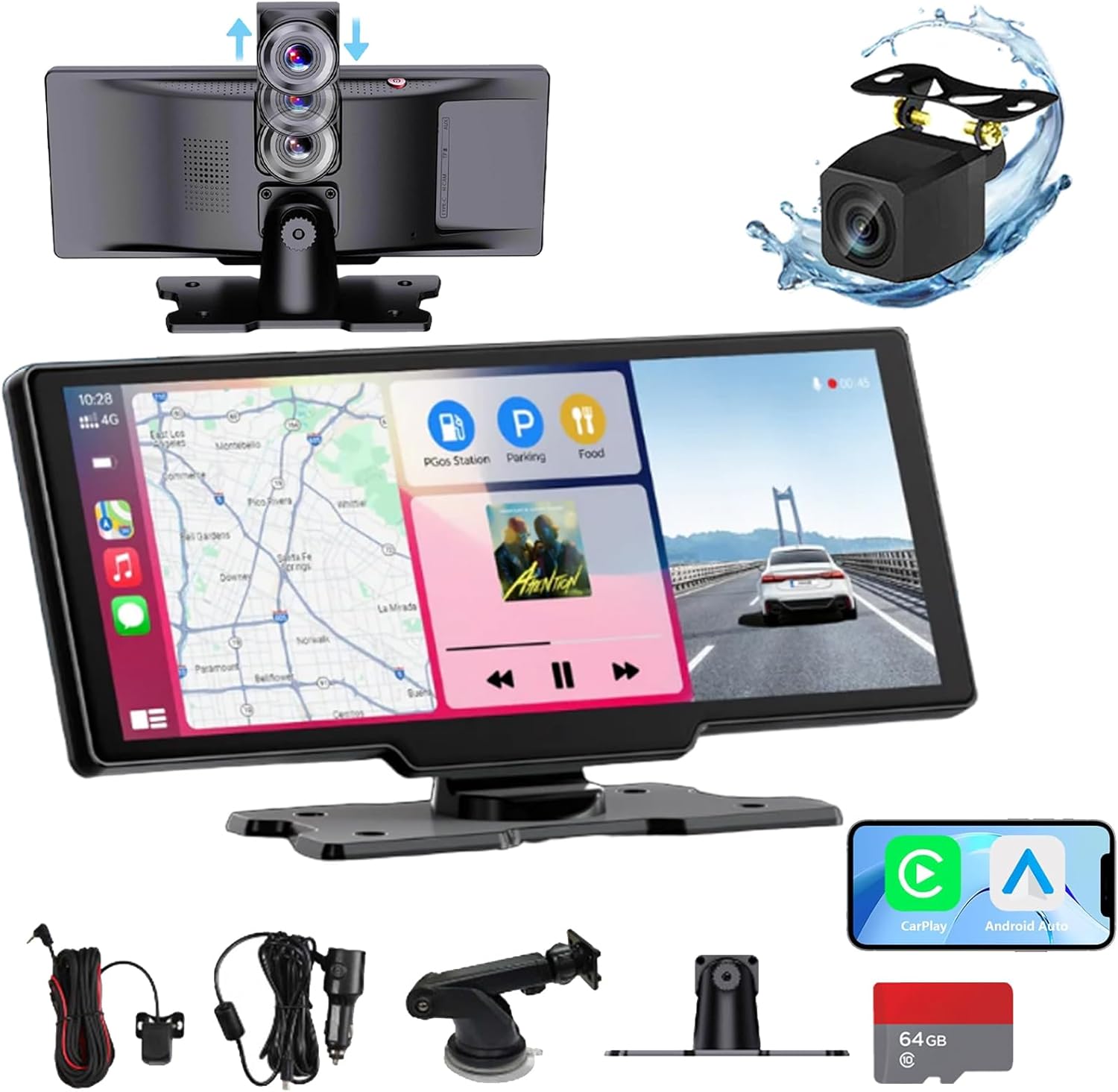 4K | 64G Flexscreen Pro 2025 Model Carplay, 10.26" Portable Wireless Apple CarPlay Screen for Car & Android Auto Car Stereo, with Voice Control, Mirror Link, Bluetooth, GPS Navigation, AUX/FM