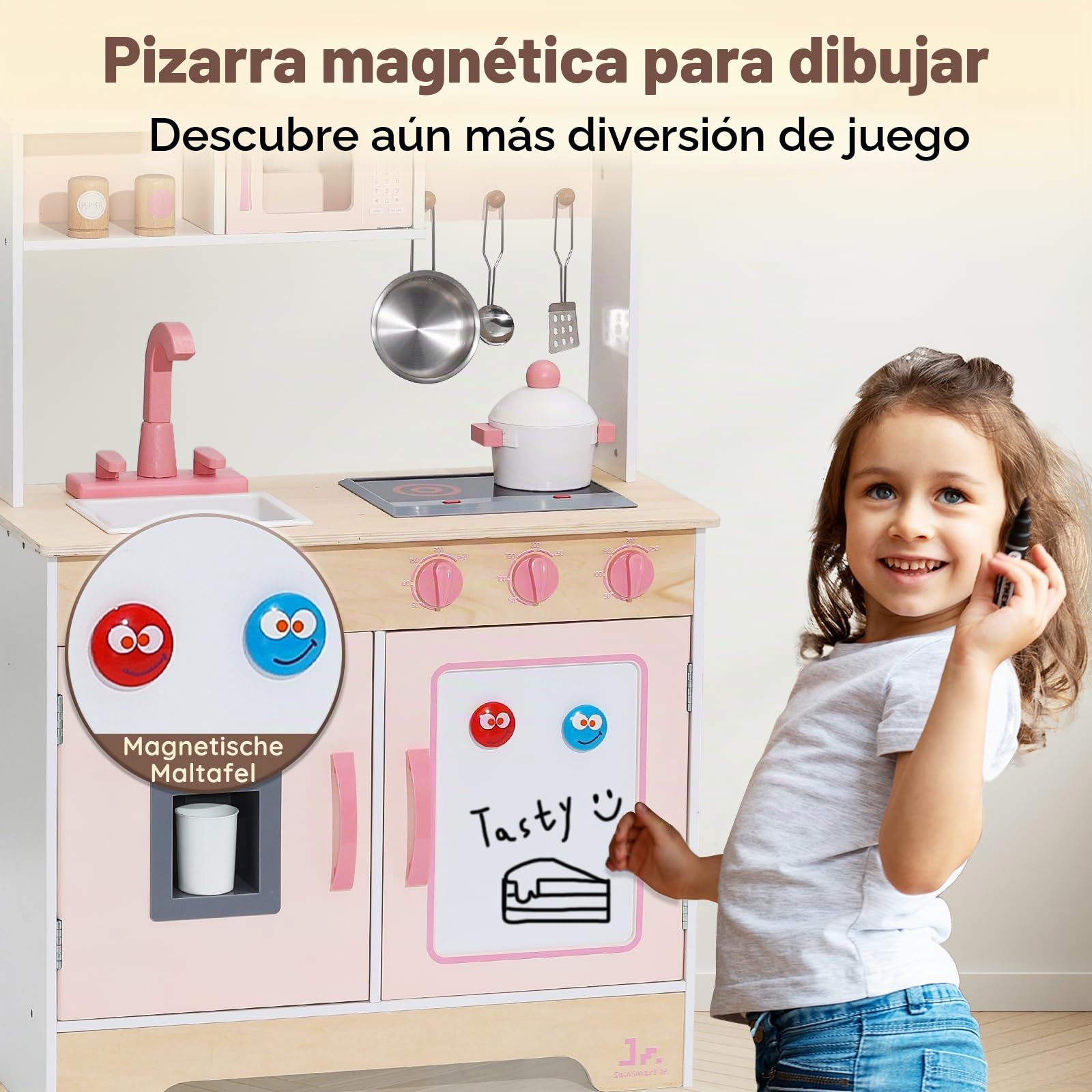 SainSmart Jr. Cocina de madera para niños – Juego de cocina premium para niños – Incluye estufa, refrigerador y accesorios para niñas, rosa