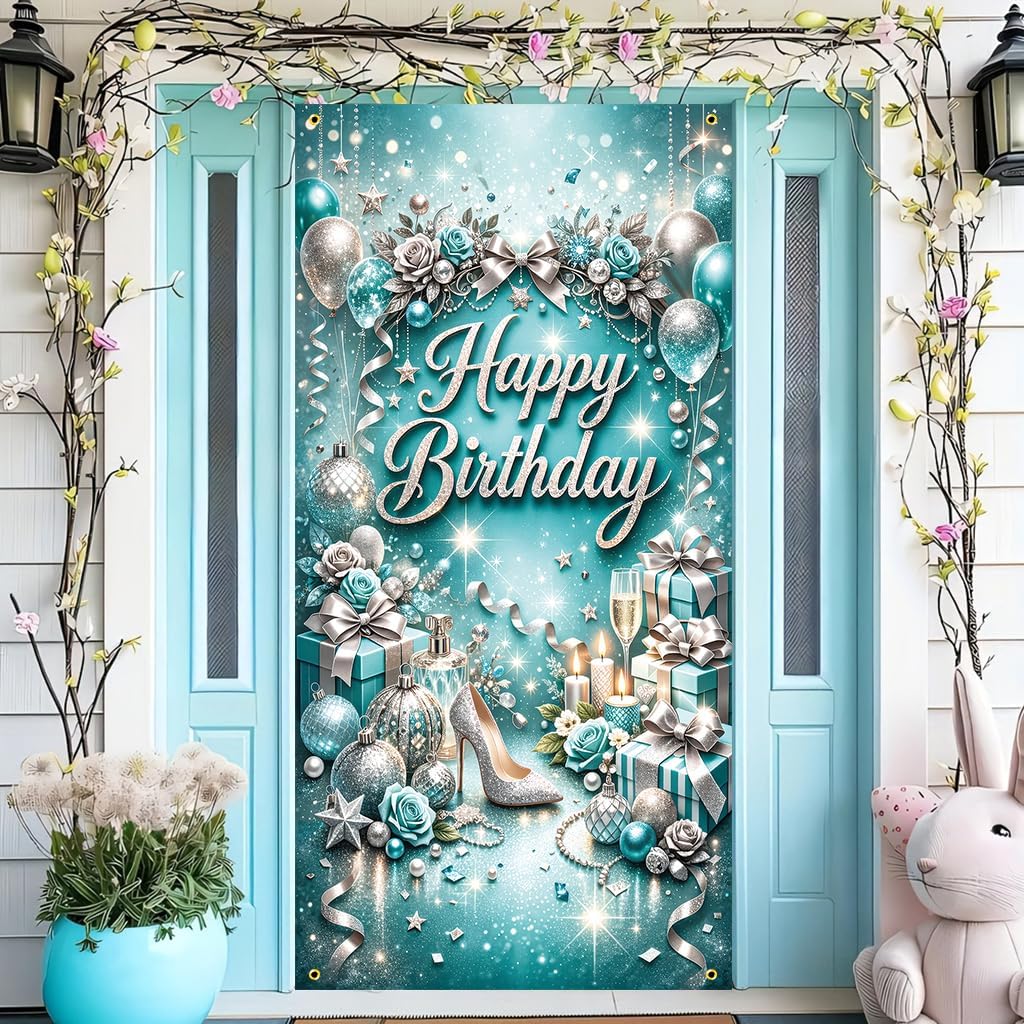 Happy Birthday Door Banner 35x71 Inch Elegant Teal Silver Birthday Door Banner with Balloons Roses Gifts Luxury Party Decoration Front Door Porch Entrance