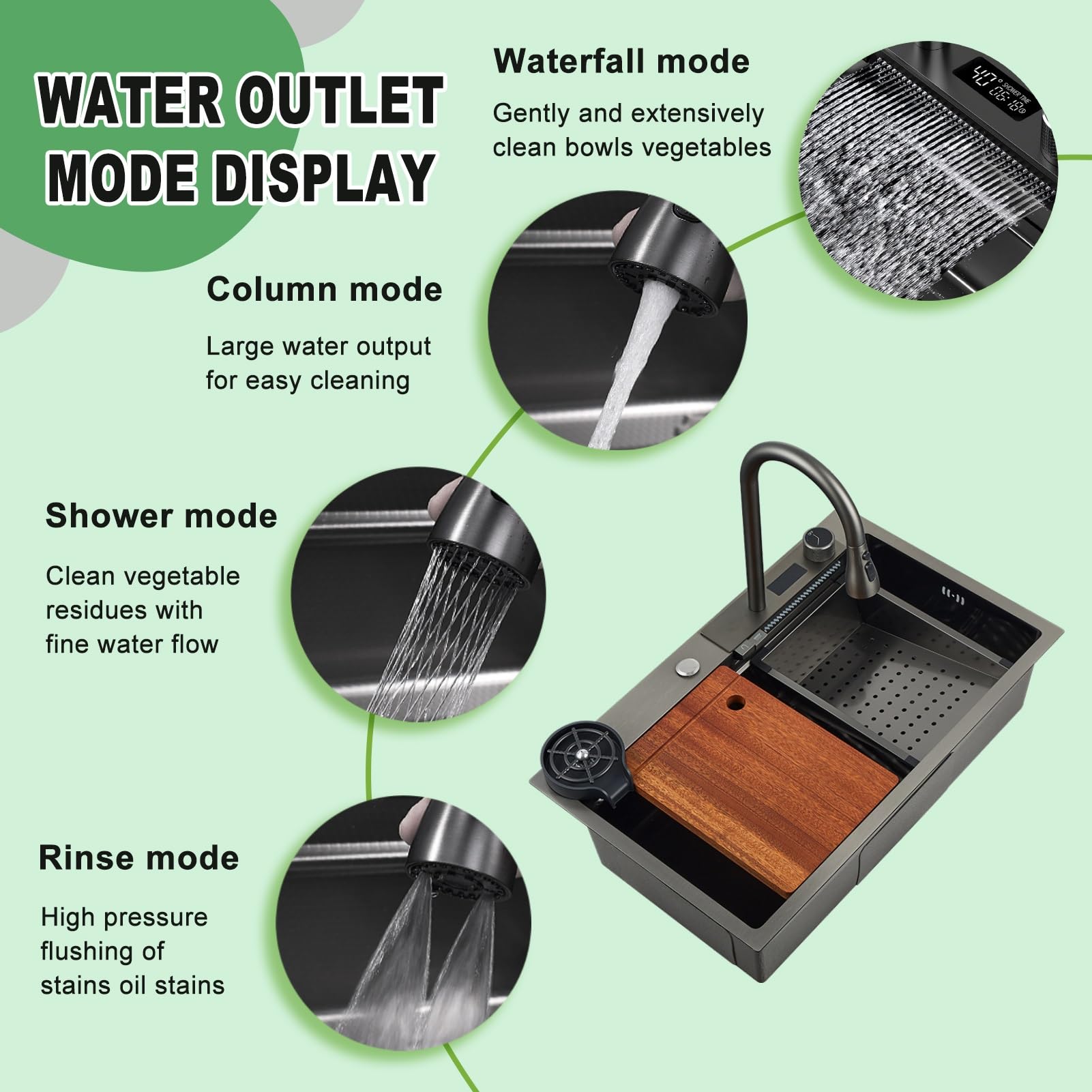 75x50cm Fregadero De Cocina En Cascada Negro, Fregadero Nano De Acero Inoxidable, Fregadero Para El Hogar, Lavabo Para Verduras, Fregadero Individual, Estación De Trabajo