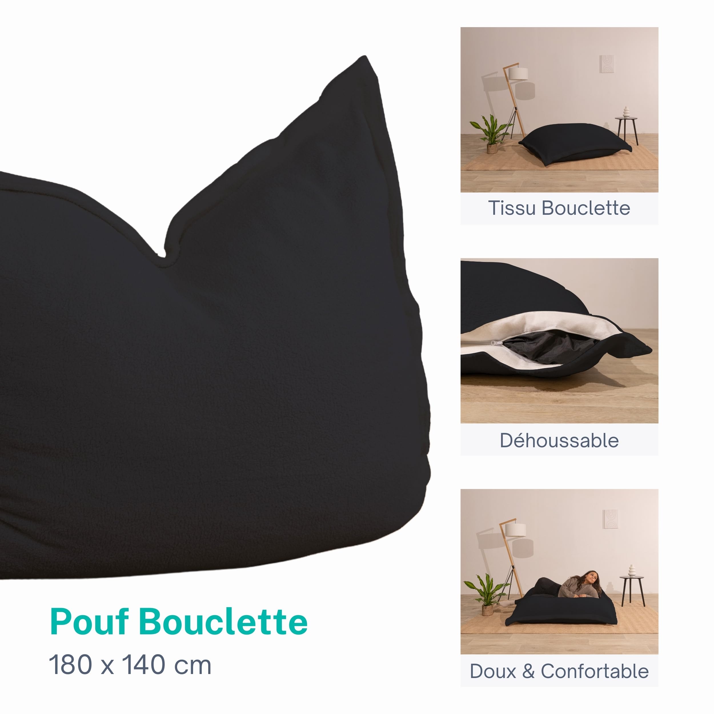 bananair Pouf Géant XXL d’Intérieur en Bouclette - Doux, Confortable, Déhoussable - Généreusement Rembourré Détente Totale - Gros Pouf Lit pour Salon, Chambre Ado, Adulte, Gamer (180x140 cm, Noir)