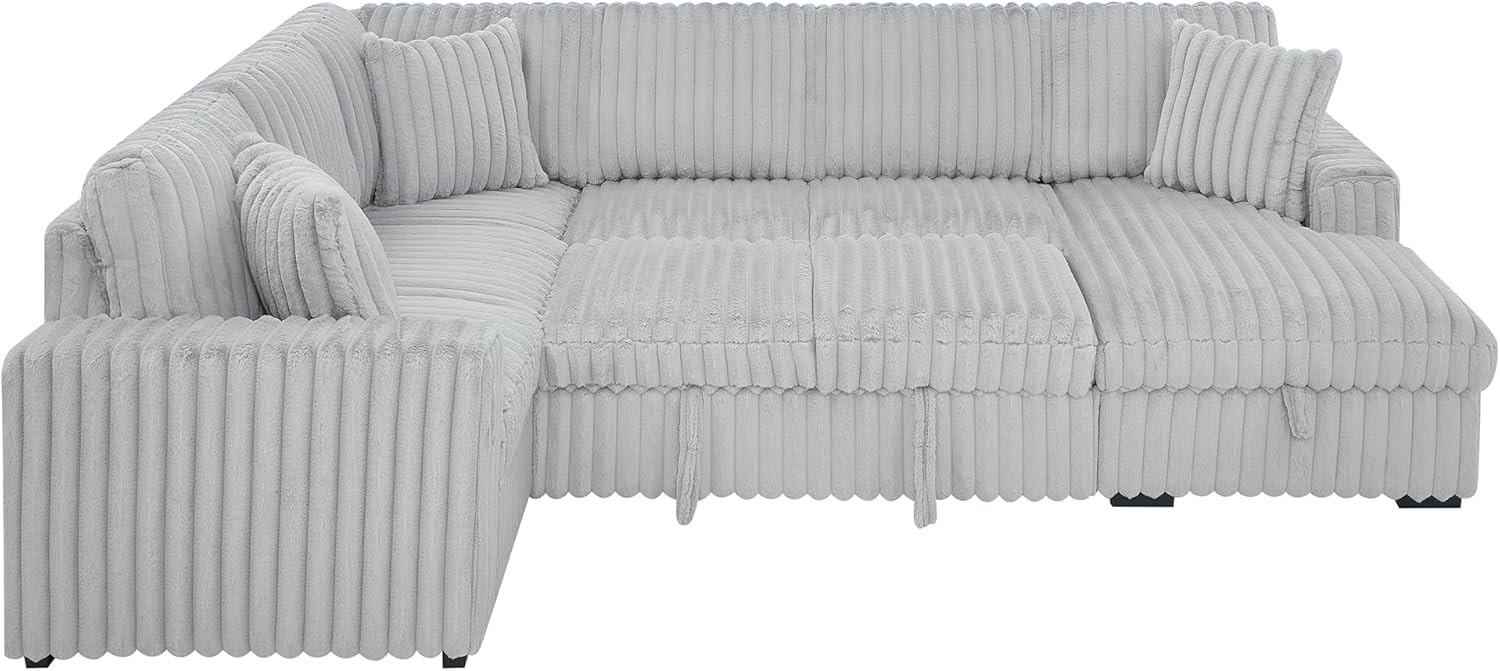 122'' Convertible U-Shaped Faux Rabbit Fur Plush Sectional Sleeper Sofa, Upholstered Cloud Couch Pull-Out Sofa Bed with Storage Chaise and USB Ports for Living Room (Grey, 122'' x 95.6'') 122'' x 95.6'' Grey