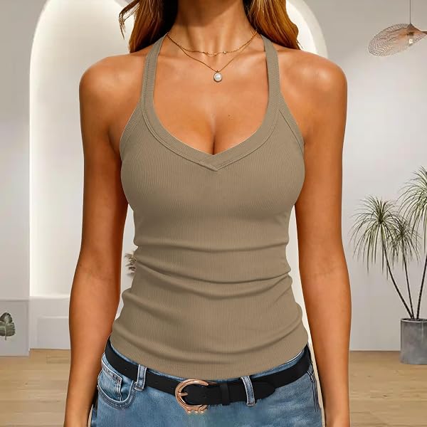 Débardeur à col en V pour femme - Dos nageur - Sans manches - Indispensable pour l'été - 1