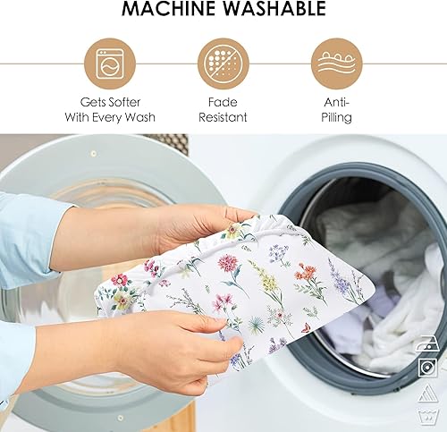 Miniatura 5 de YIYEA Sábana Bajera con Flores, Sábana Bajera de Microfibra Premium de Bolsillo Profundo con Doble Cepillo Tamaño Individual, Sábana Bajera Inferior