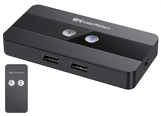 Cable Matters USB 2.0 Switch Hub USB Sharing Switch for 2 Computers and 4 USB-A Peripherals - Button or Wireless Remote Control Swapping