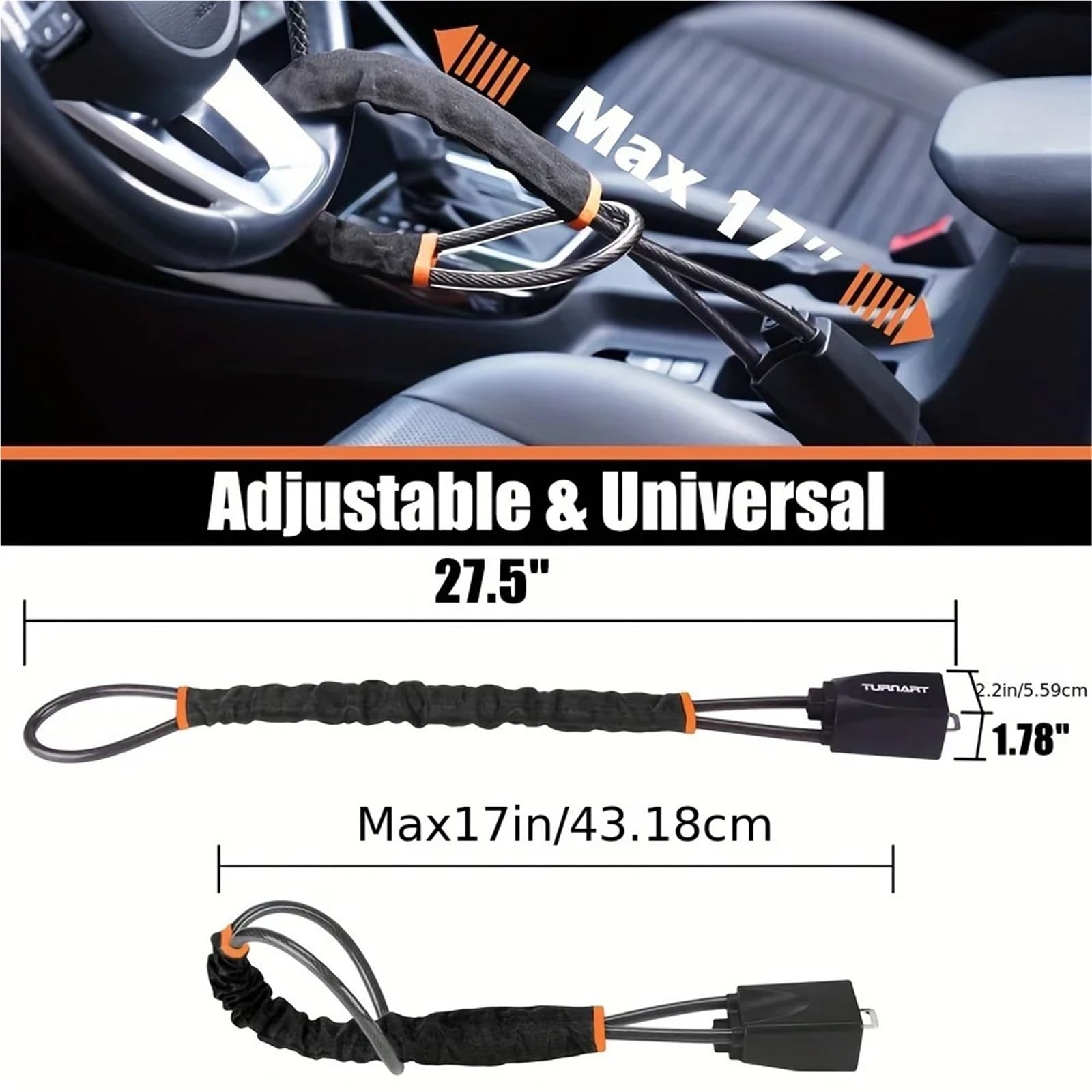 Bloqueo del volante y del cinturón de seguridad, Cerradura de dirección universal todo en uno for coche y camión con cierre hebilla, cable acero, negro, azul(Black)