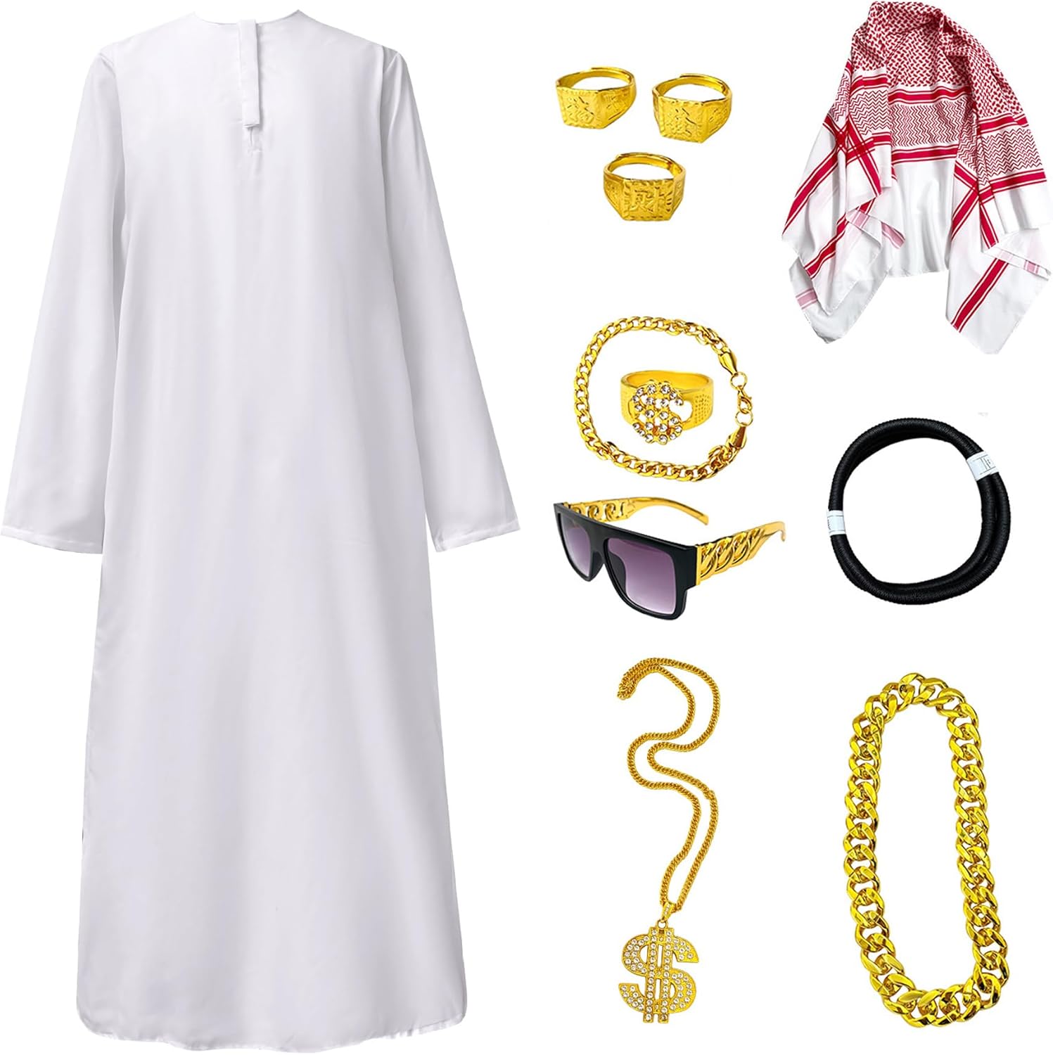 Adult Arab Costume Muslim Keffiyeh Head Scarf Men Dubai Robe with Accessories