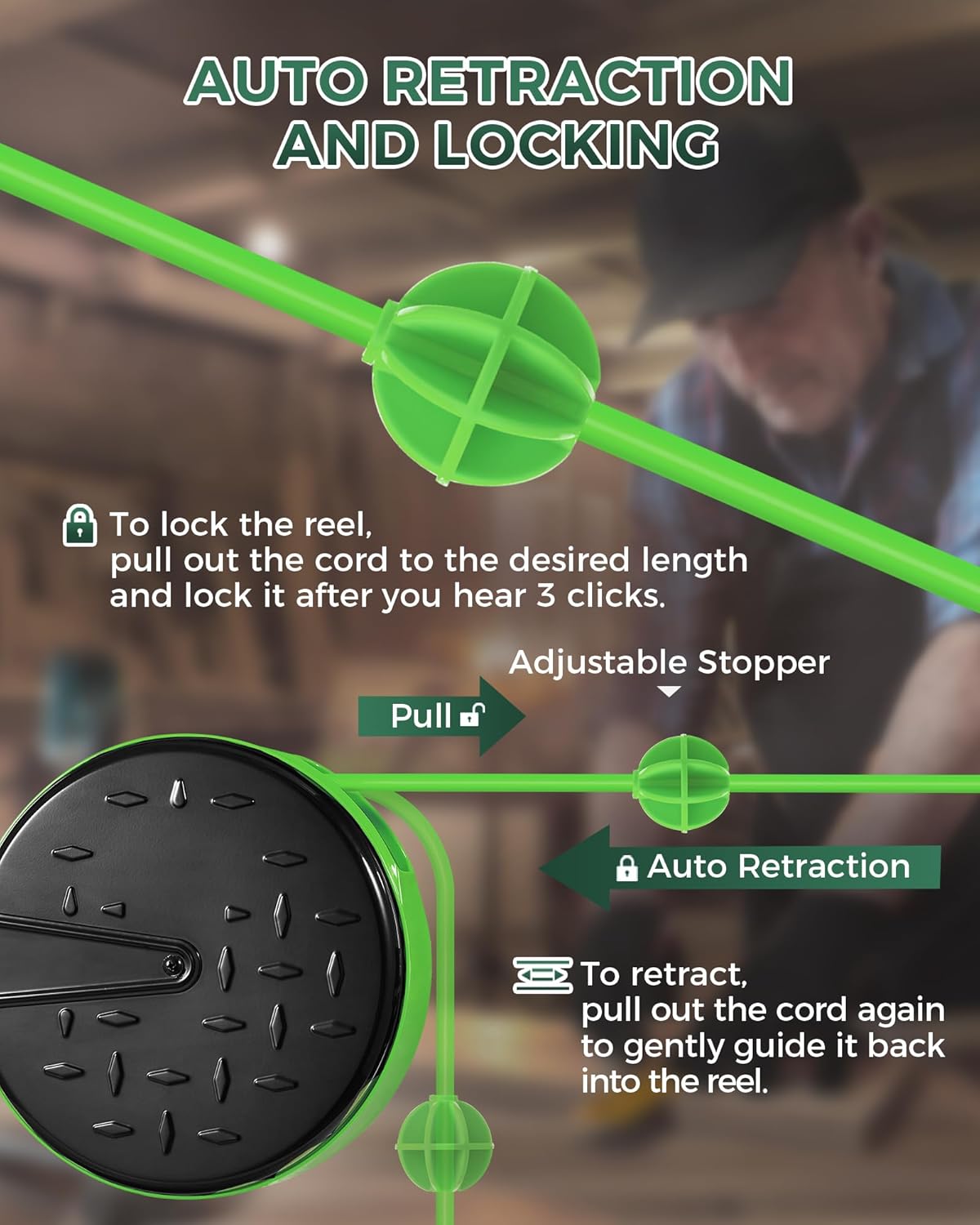 30 Ft Retractable Extension Cord Reel, 16/3 Gauge SJTW Power Cord with 3 Electrical Outlets Pigtail for Garage and Shop, 10 Amp Circuit Breaker, Metal Plate, UL Listed, Green J30CR06